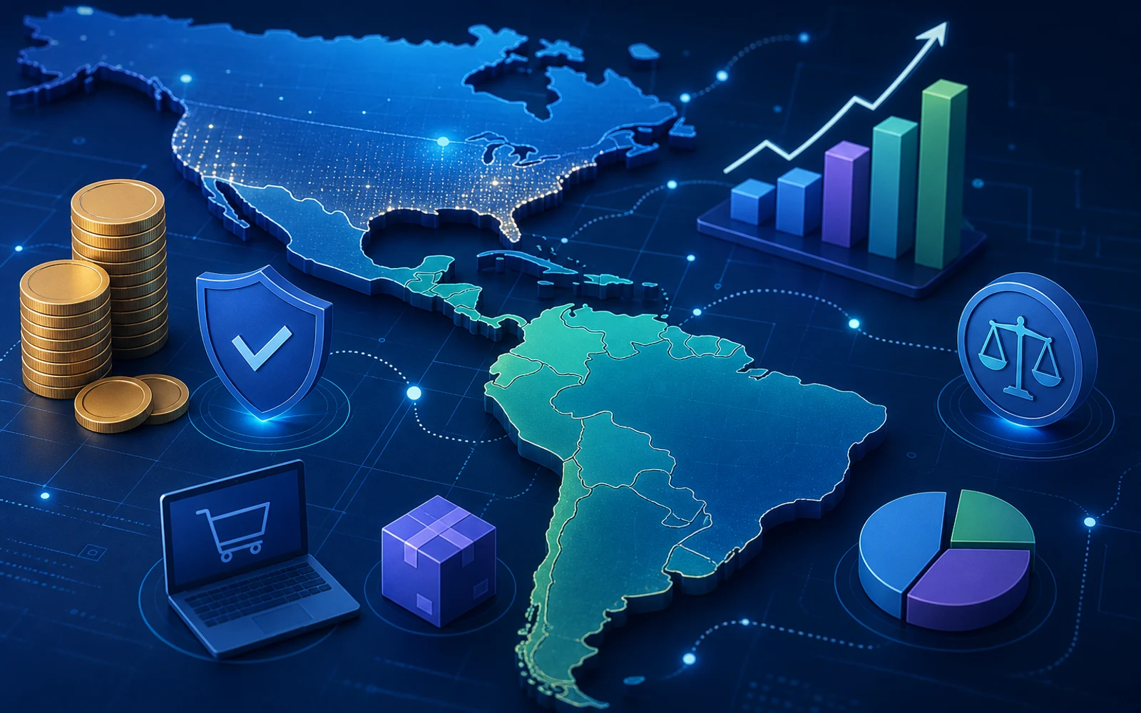 Mapa estilizado de América Latina y Estados Unidos con íconos digitales y financieros que representan regulación y comercio electrónico