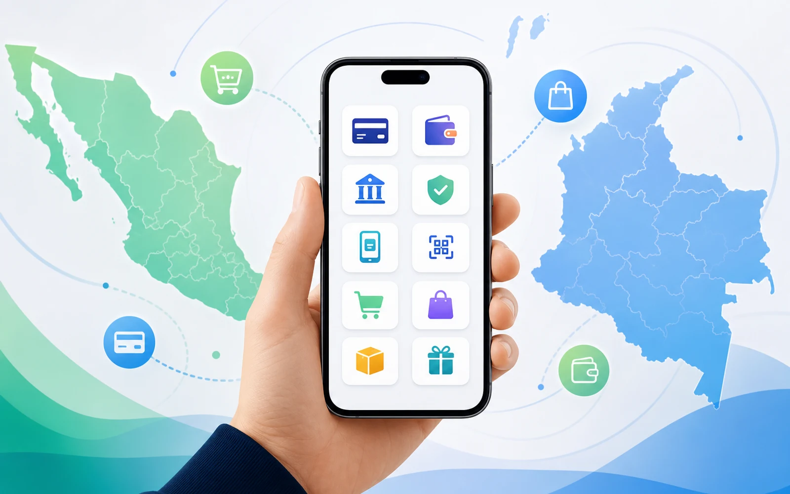 Smartphone con íconos de métodos de pago digitales y mapas estilizados de Colombia y México en fondo abstracto