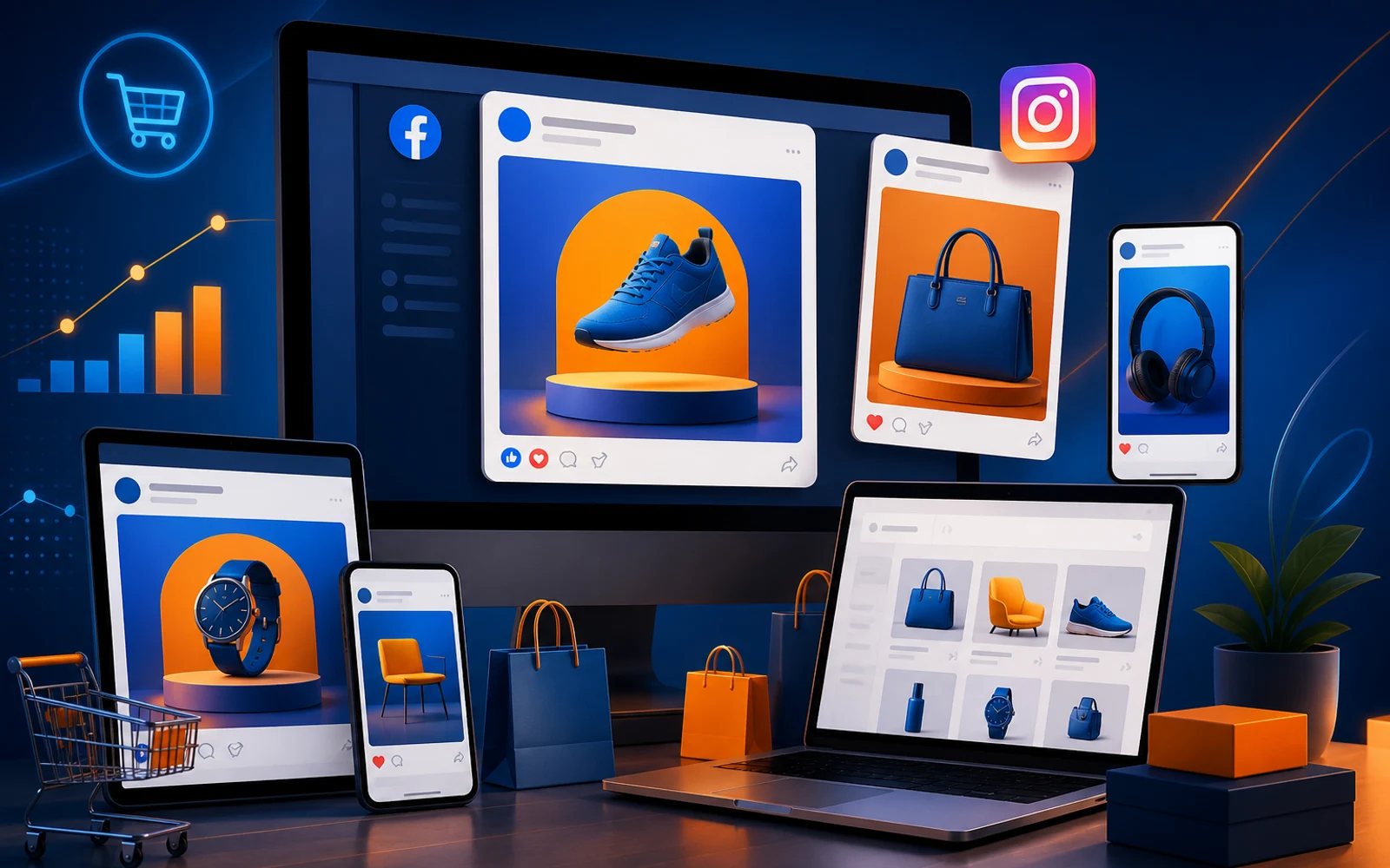 Pantallas digitales con anuncios de Facebook e Instagram mostrando creatividad para ecommerce