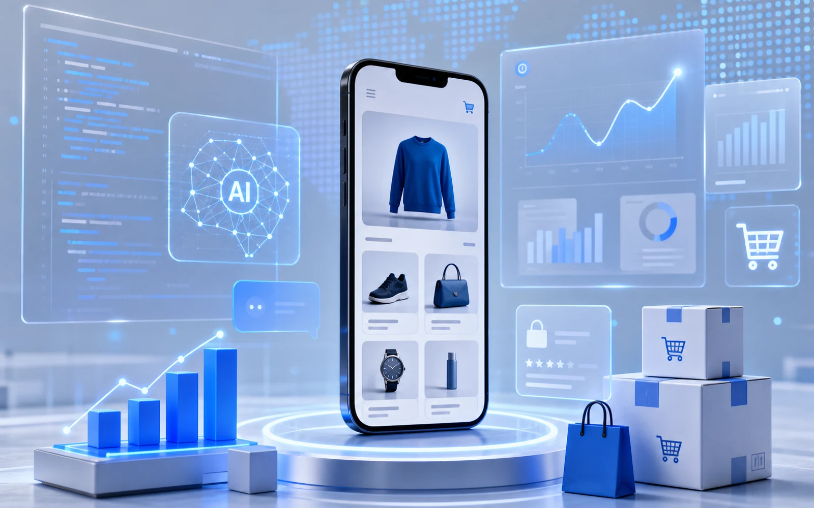 Interfaz de ecommerce con elementos de inteligencia artificial y análisis digital