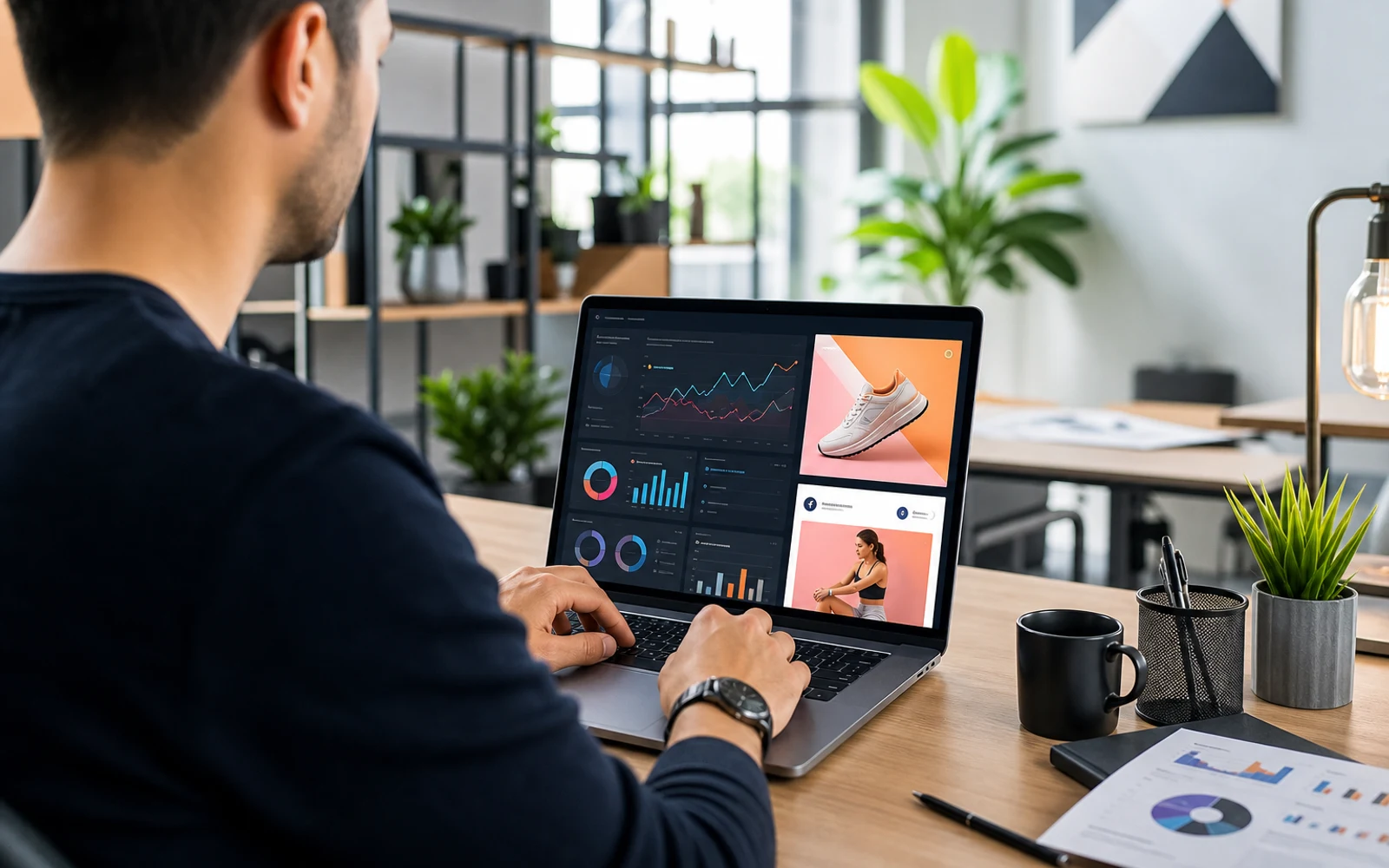 Persona trabajando en campañas de Facebook e Instagram Ads con gráficos y métricas en pantalla en oficina moderna