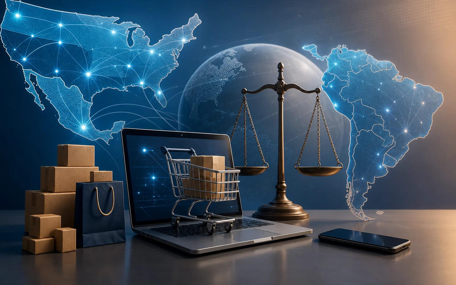 Concepto visual sobre regulación y ecommerce en Latinoamérica y Estados Unidos