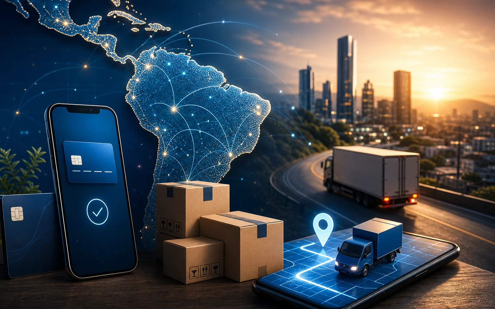 Ilustración conceptual de pagos digitales y logística en ecommerce Latinoamérica