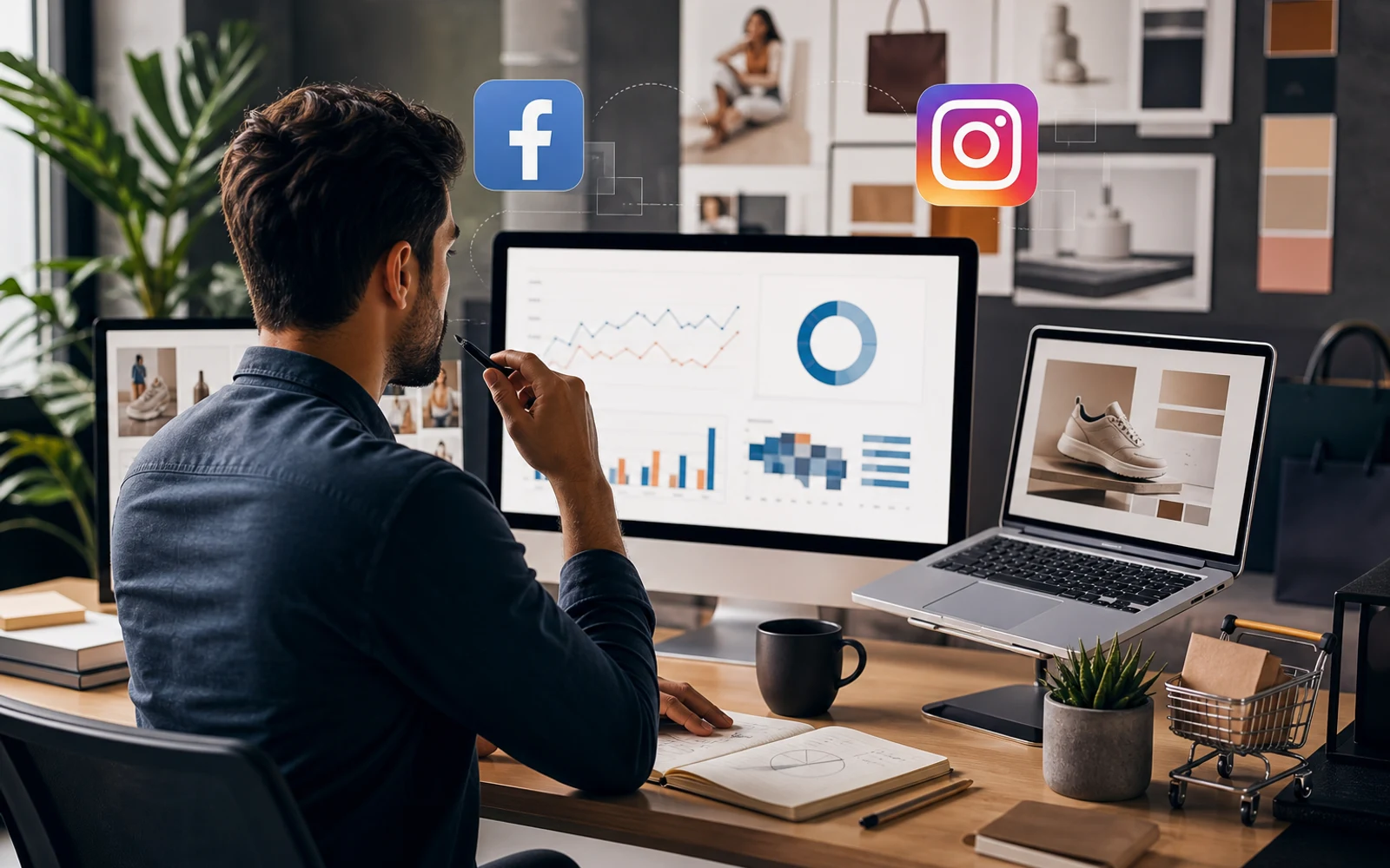 Workspace with digital marketing visuals showing Facebook and Instagram ads analytics and creative design.