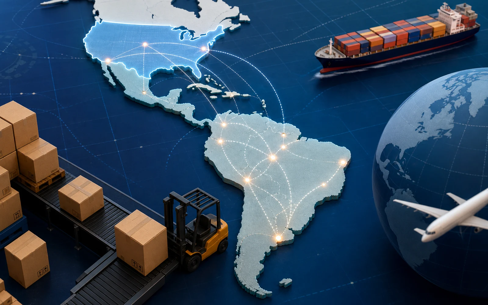 Concepto de logística de ecommerce con mapas y rutas entre Latinoamérica y Estados Unidos