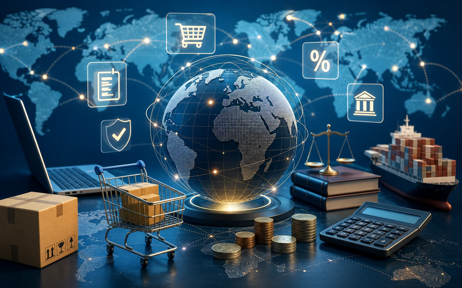 Concepto visual de comercio electrónico internacional con elementos fiscales y mapas digitales