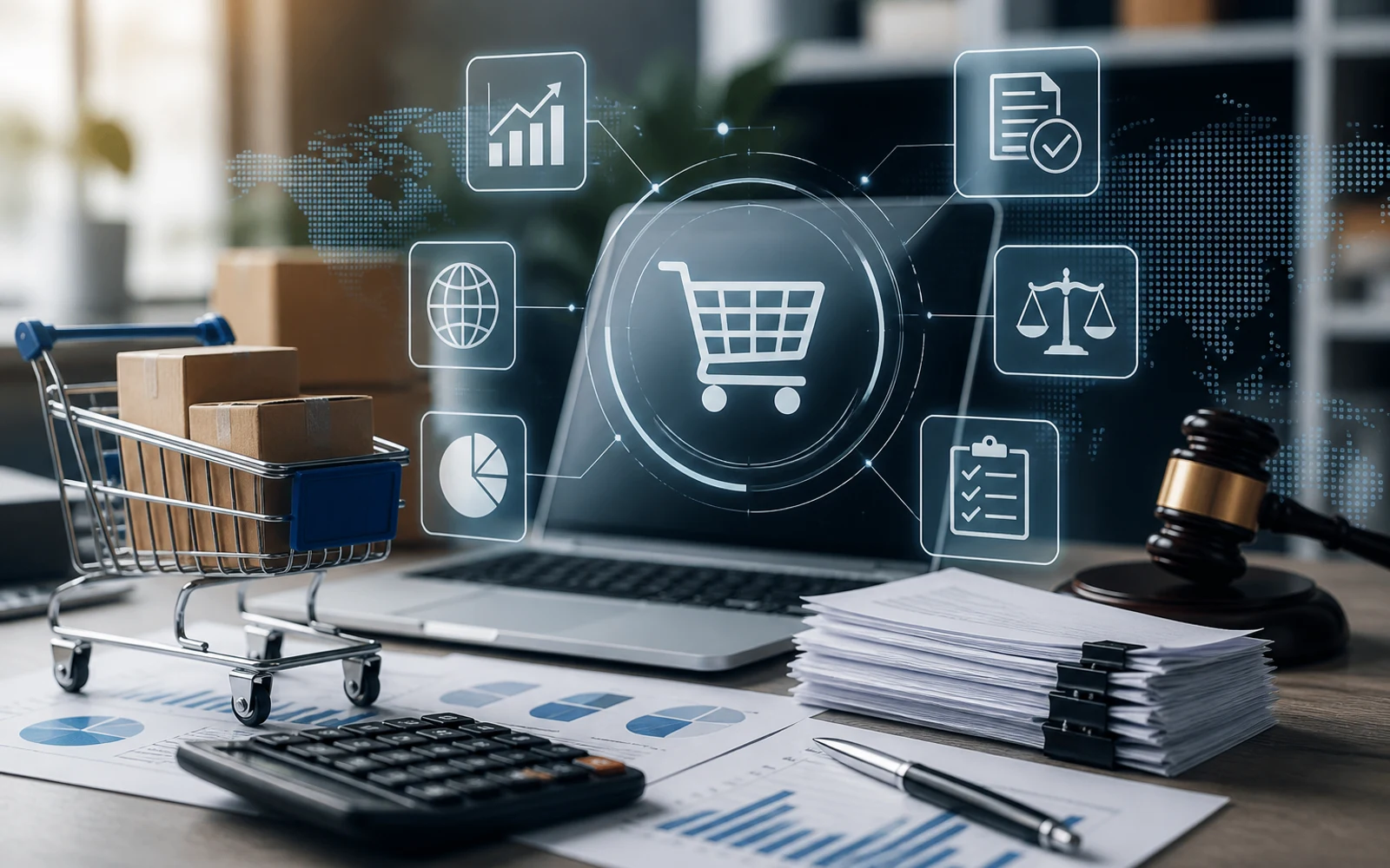 Concepto visual de regulación fiscal en comercio electrónico con gráficos digitales y documentos