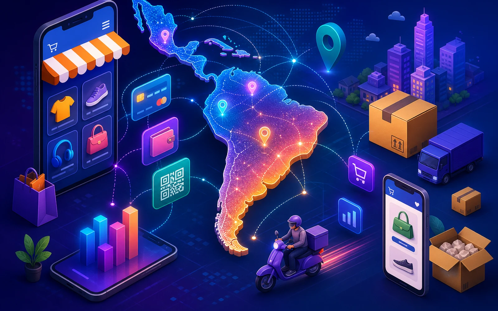 Ecosistema digital del ecommerce en Latinoamérica con mapas, pagos digitales, logística y dispositivos móviles