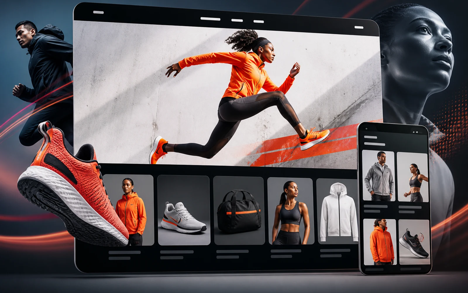 Tienda digital moderna y vibrante de una marca global de ropa deportiva mostrando experiencia ecommerce y estrategia direct to consumer