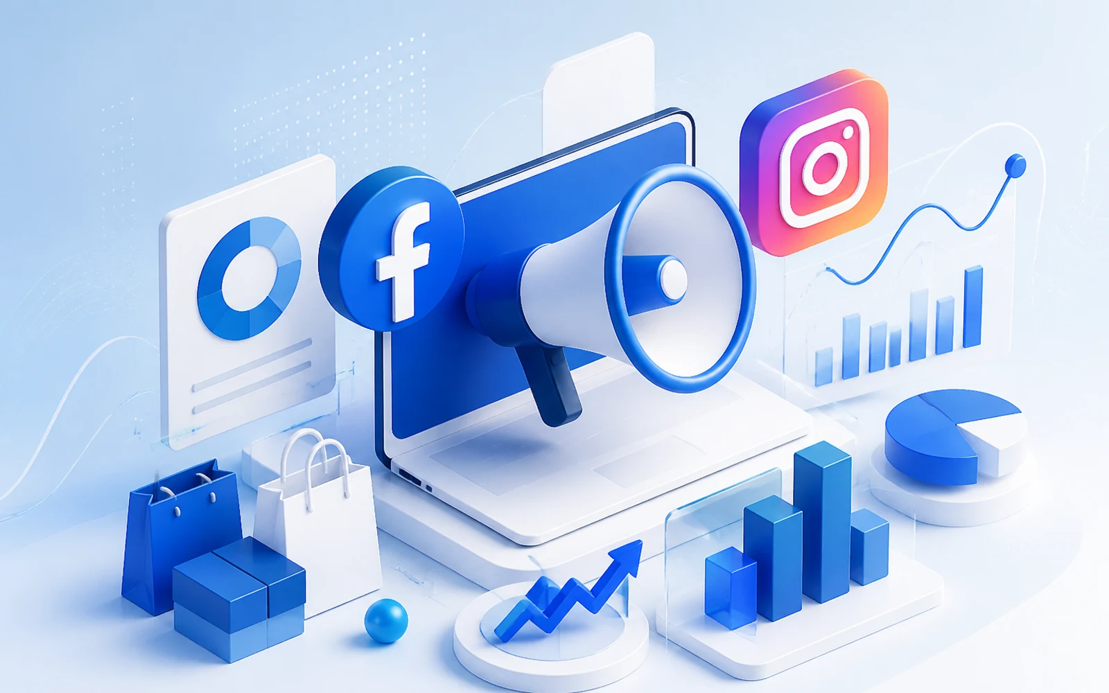 Ilustración conceptual de creatividad y análisis en campañas de Facebook e Instagram Ads para ecommerce