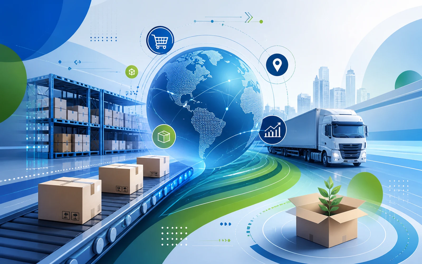 Ilustración moderna que simboliza la integración tecnológica en la logística y fulfillment para ecommerce en Latinoamérica y Estados Unidos