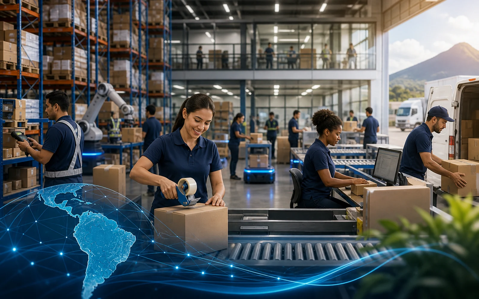 Centro de fulfillment moderno operando en Latinoamérica con tecnología avanzada y personal diverso