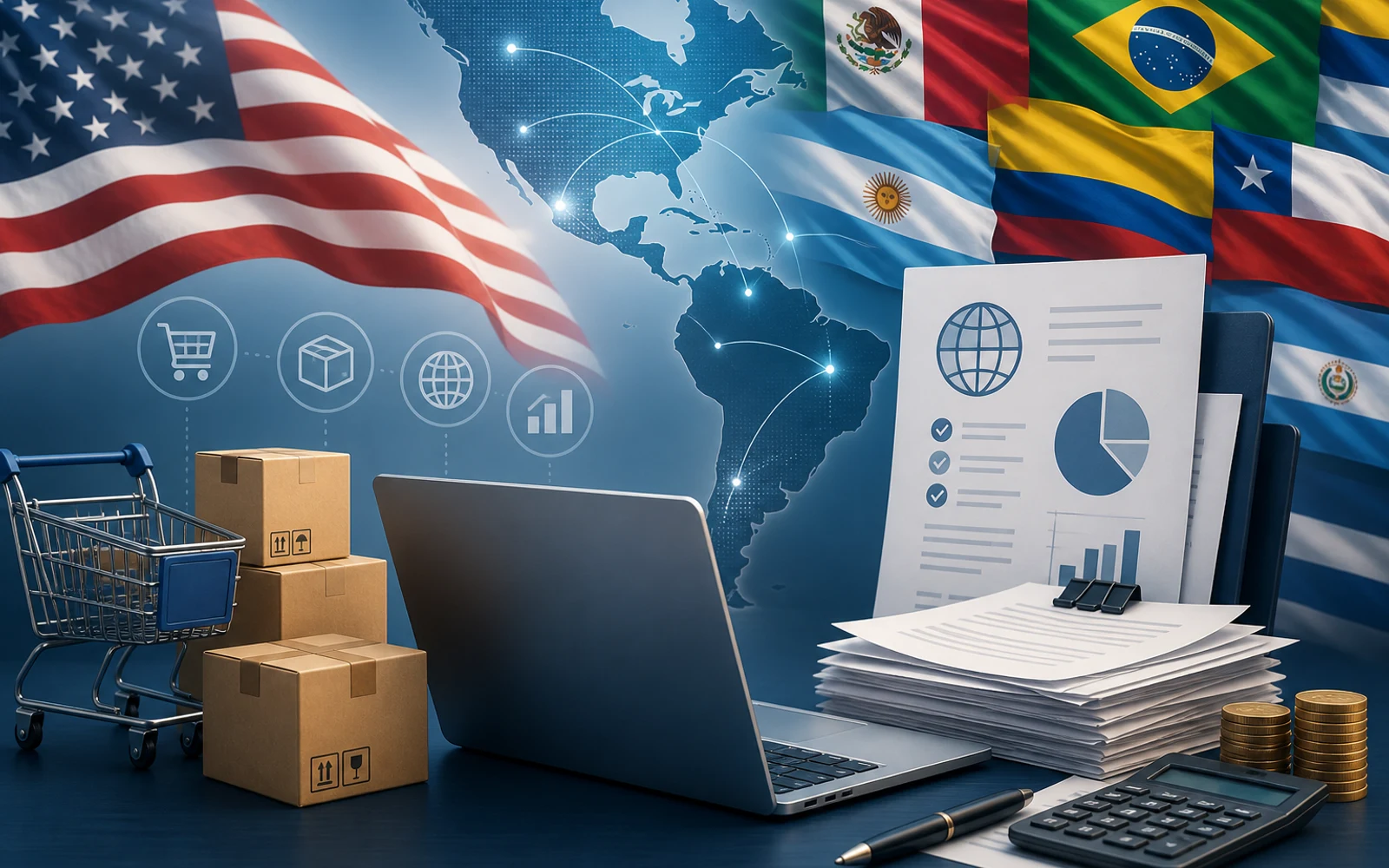 Ilustración digital profesional que mezcla símbolos de ecommerce, banderas de EE.UU. y Latinoamérica, documentos fiscales y computadora