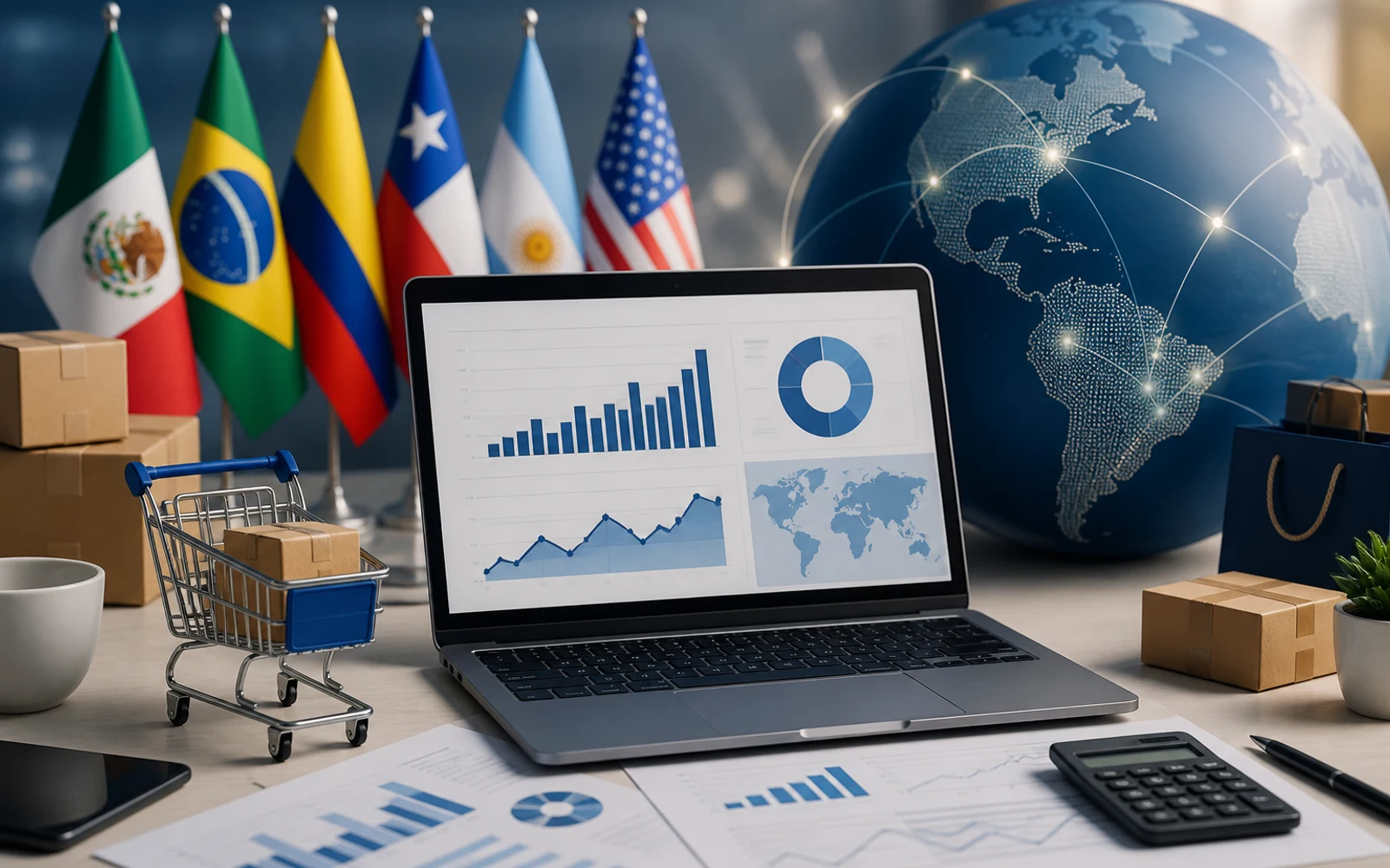 Computador con gráficos y documentos fiscales relacionados al comercio electrónico en LATAM y EE.UU.