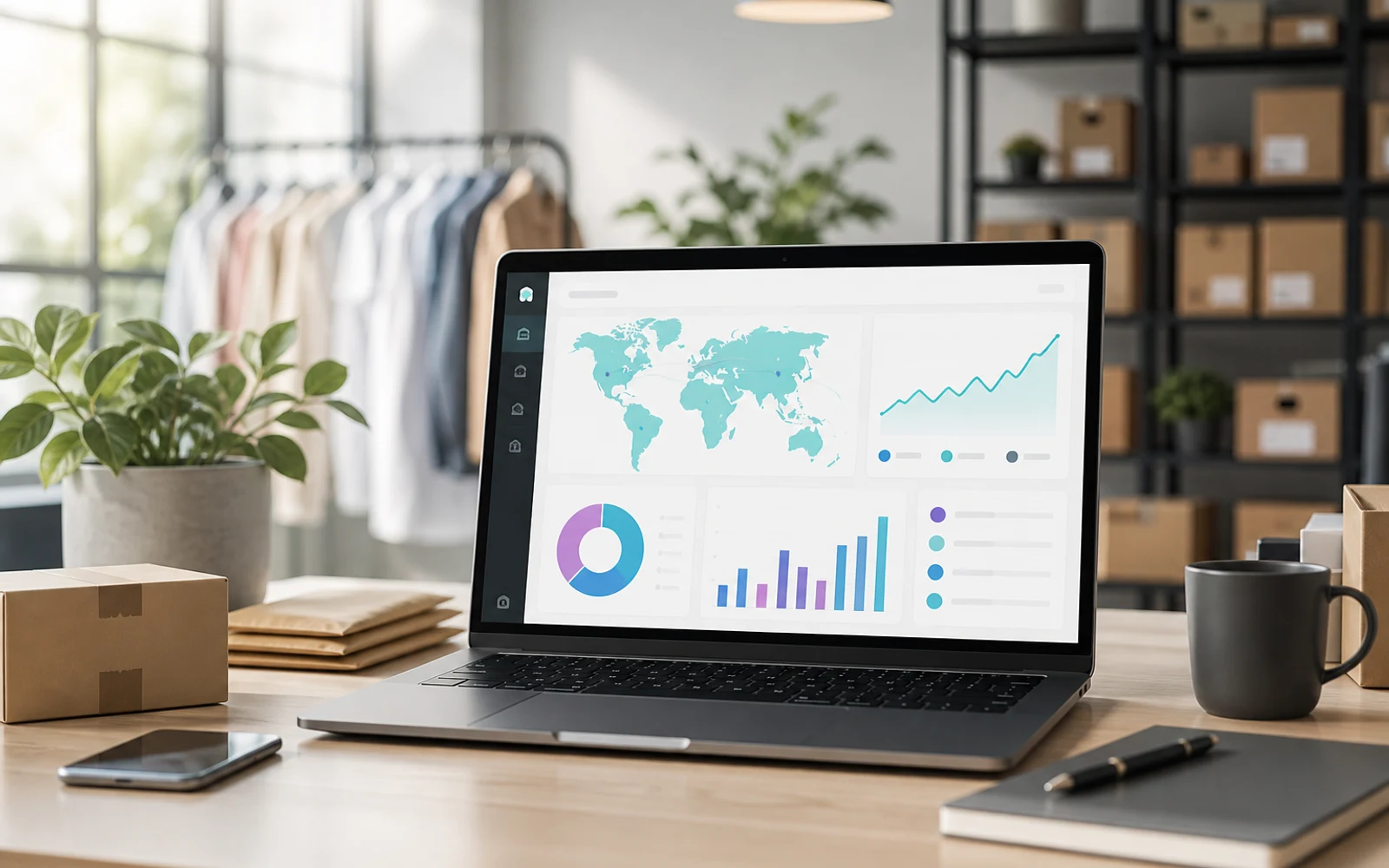 Dashboard moderno de ecommerce mostrando análisis de ventas globales en Shopify
