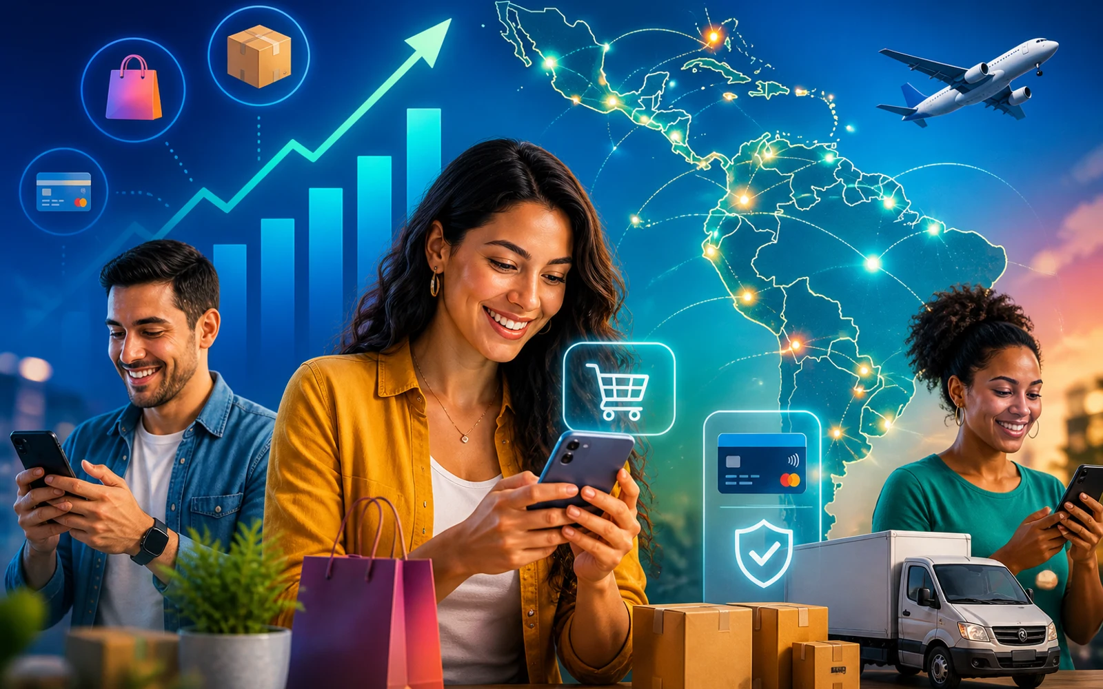 Compradores latinoamericanos usando dispositivos móviles para compras online con símbolos de pago y logística