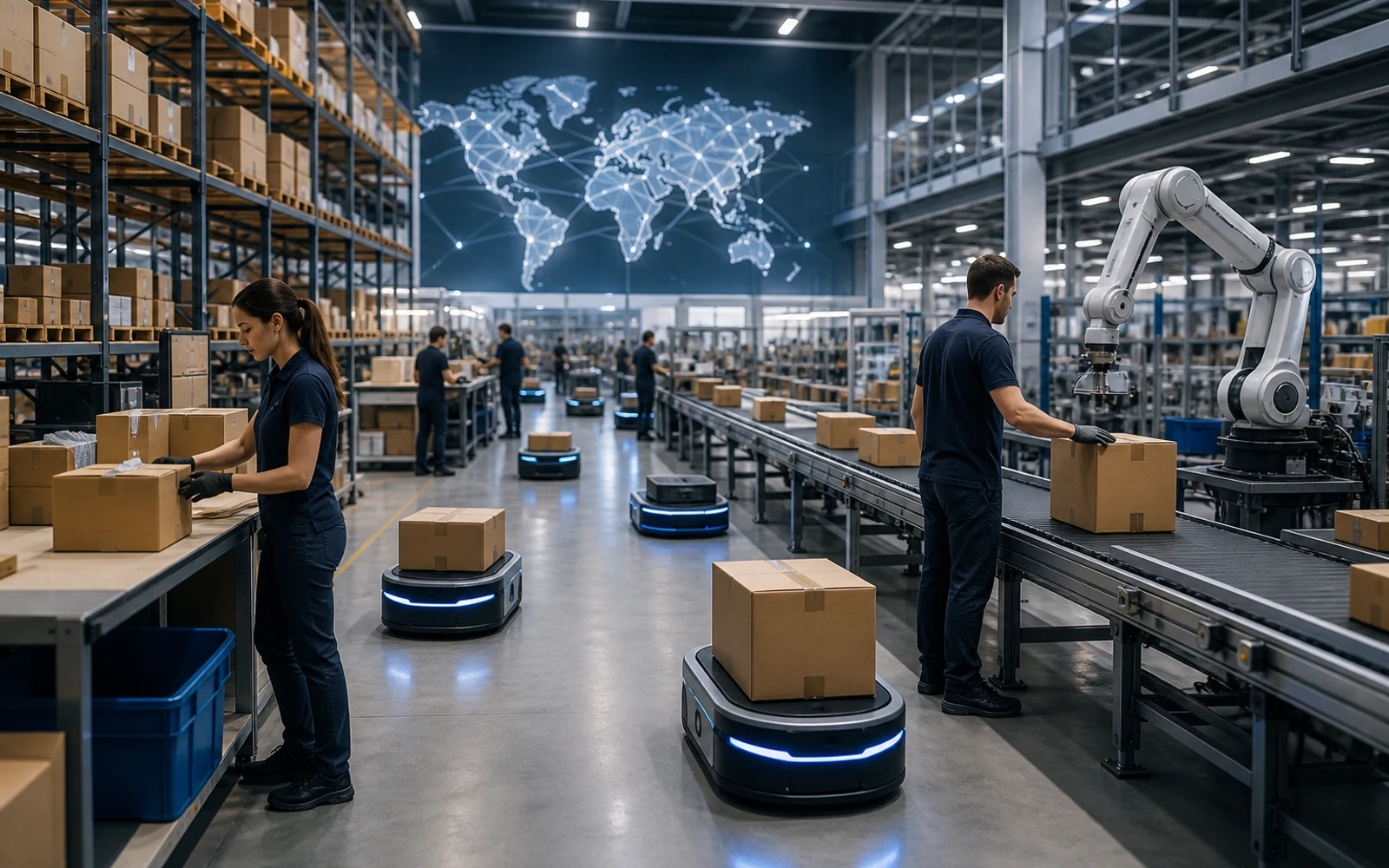 Almacén moderno con robots y trabajadores gestionando empaques para ecommerce global direct to consumer