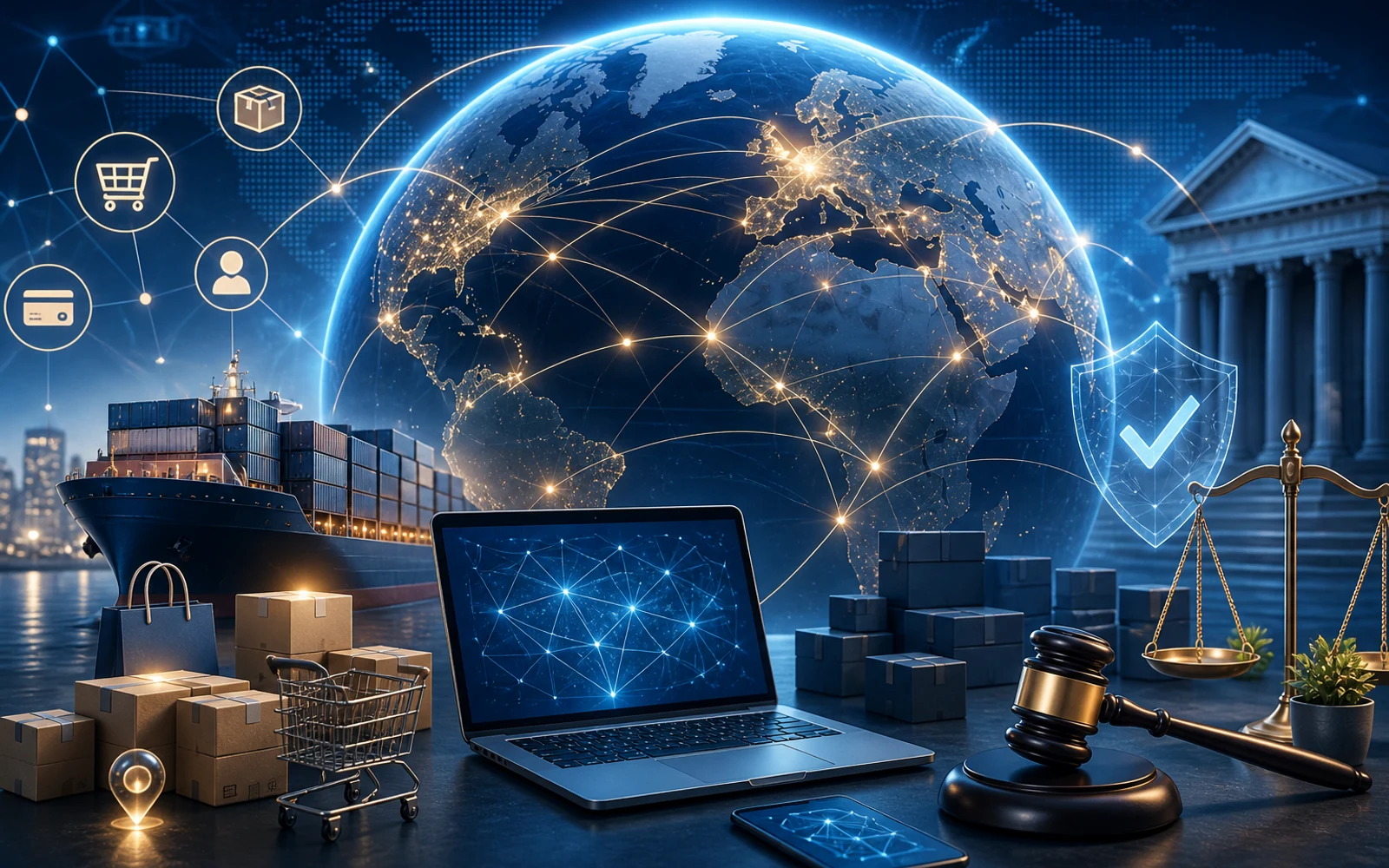 Interconexión global del comercio electrónico con elementos tecnológicos y fiscales