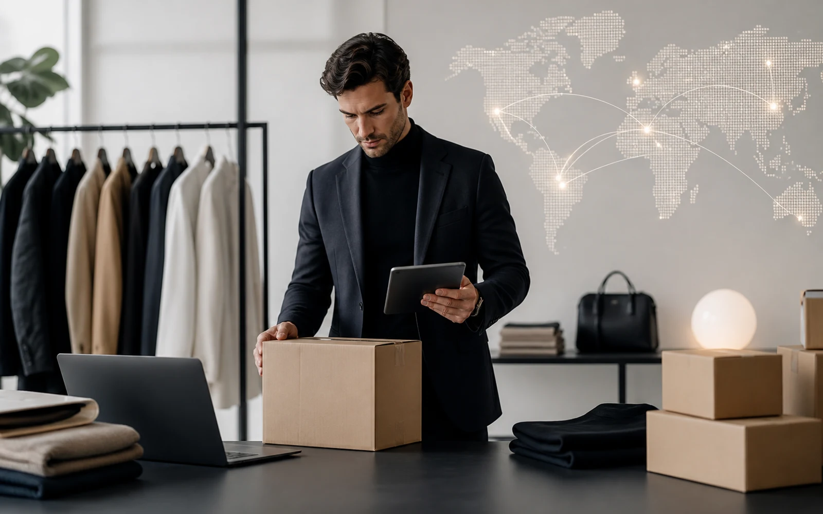 Distribuidor de moda manejando paquetes y tecnología digital que representa ecommerce omnicanal