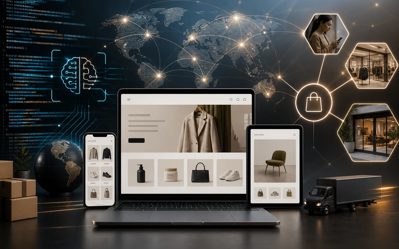 Ilustración de ecommerce DTC con tecnología, comunidad y omnicanalidad