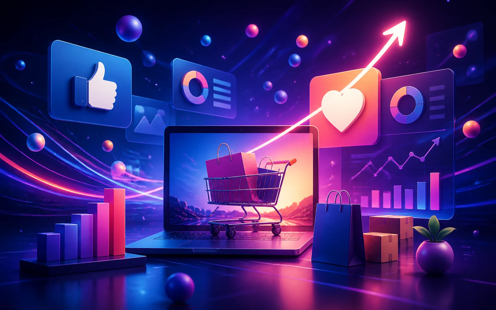 Ilustración digital de creatividad y optimización en campañas de Meta Ads para ecommerce