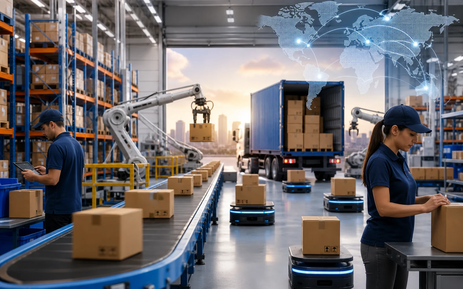 Centro de fulfillment moderno con operadores y robots gestionando inventarios y paquetes para ecommerce en Latinoamérica y EE.UU.