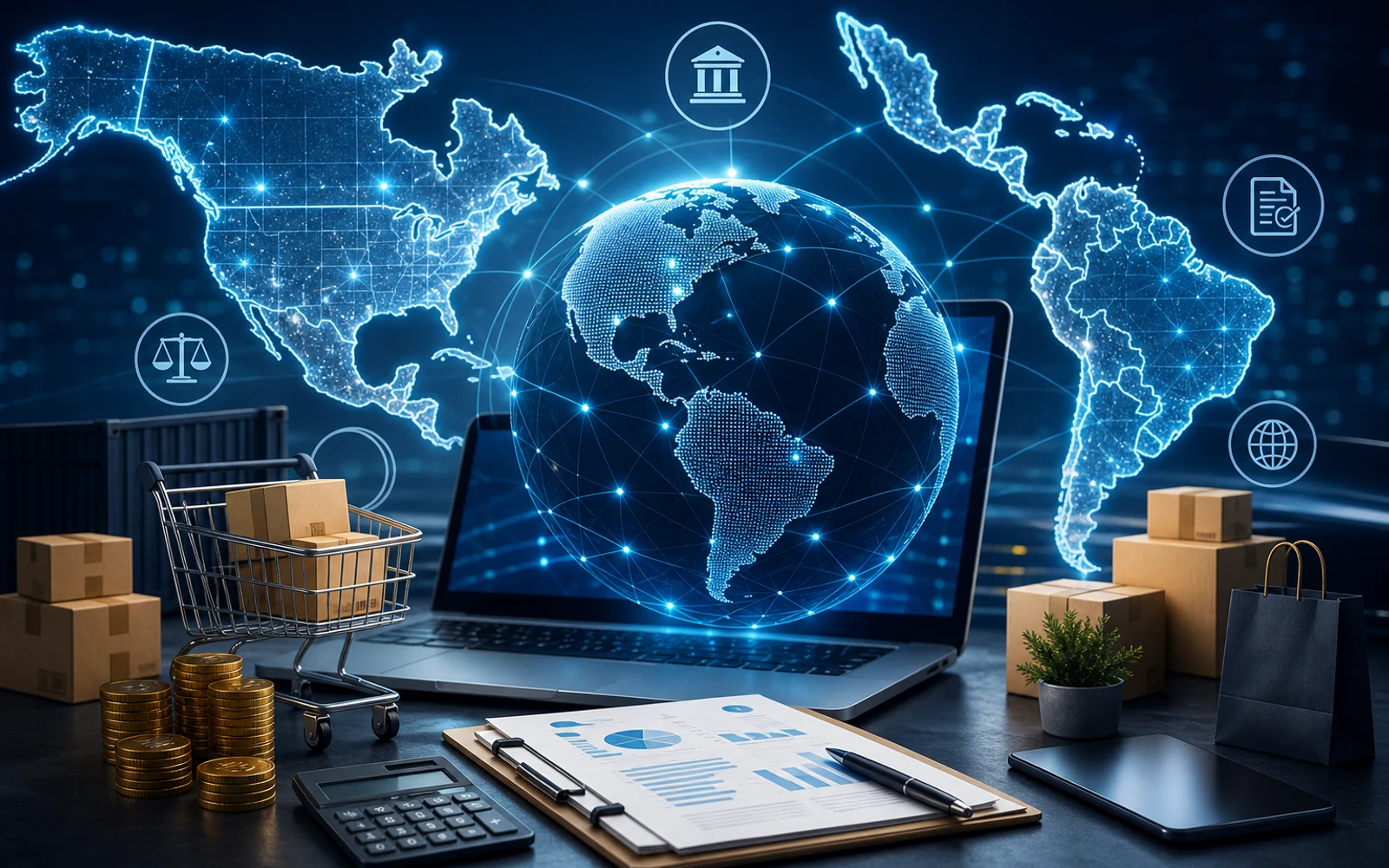 Mapa de Latinoamérica y Estados Unidos sobre un fondo digital con iconos de comercio electrónico y gráficos fiscales