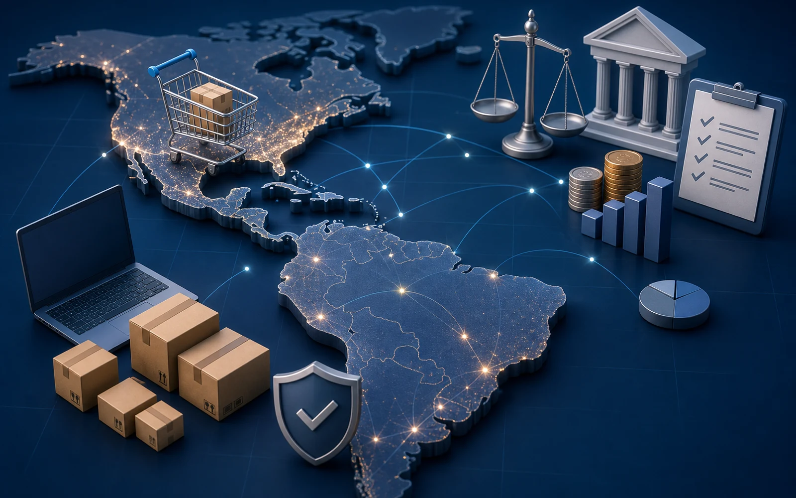 Mapa de América Latina y Estados Unidos con iconos digitales representando comercio electrónico y regulaciones fiscales
