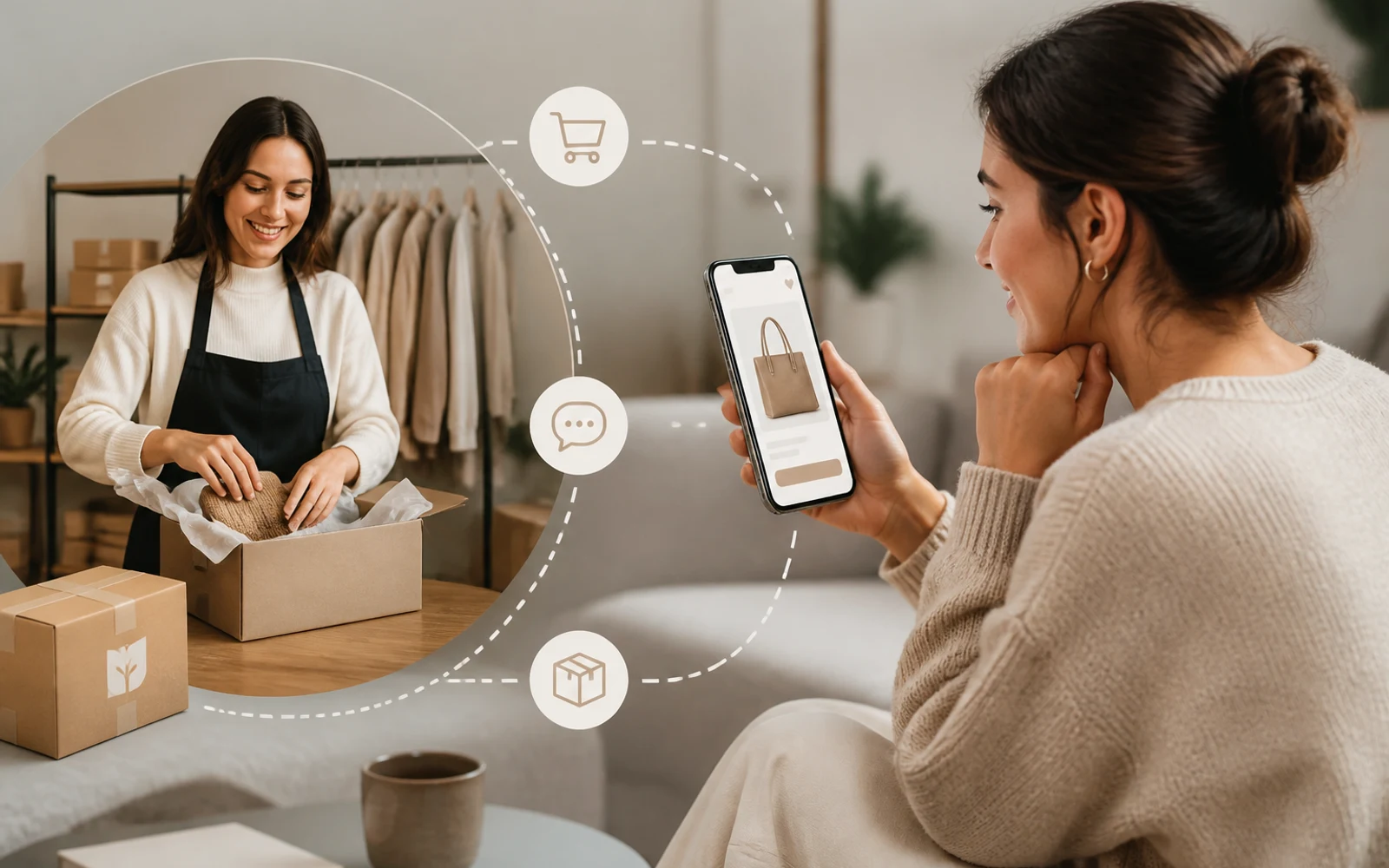 Interacción digital entre una marca y un cliente en ecommerce directo al consumidor.