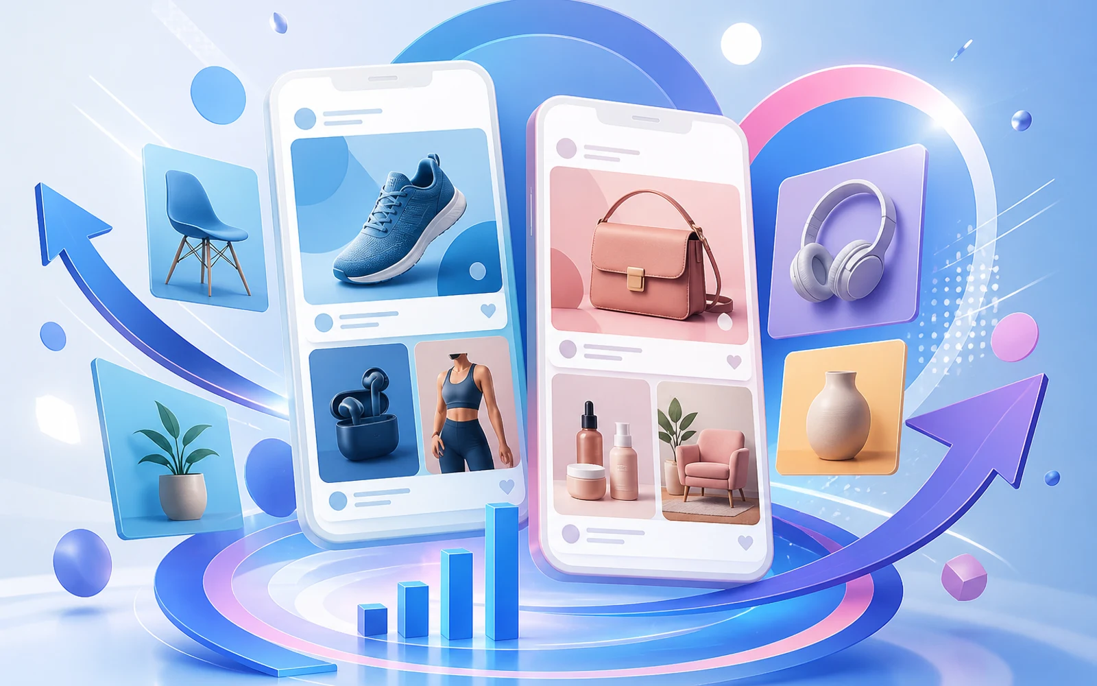 Ilustración abstracta de pantallas digitales mostrando anuncios variados de ecommerce en Facebook e Instagram.