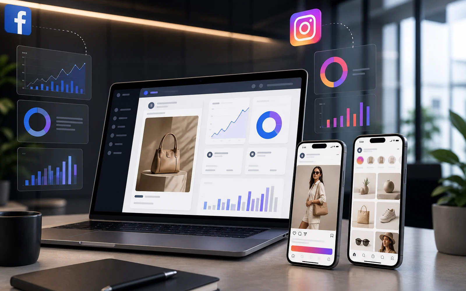 Pantallas digitales mostrando campañas de Facebook e Instagram Ads con gráficos y datos en un entorno profesional