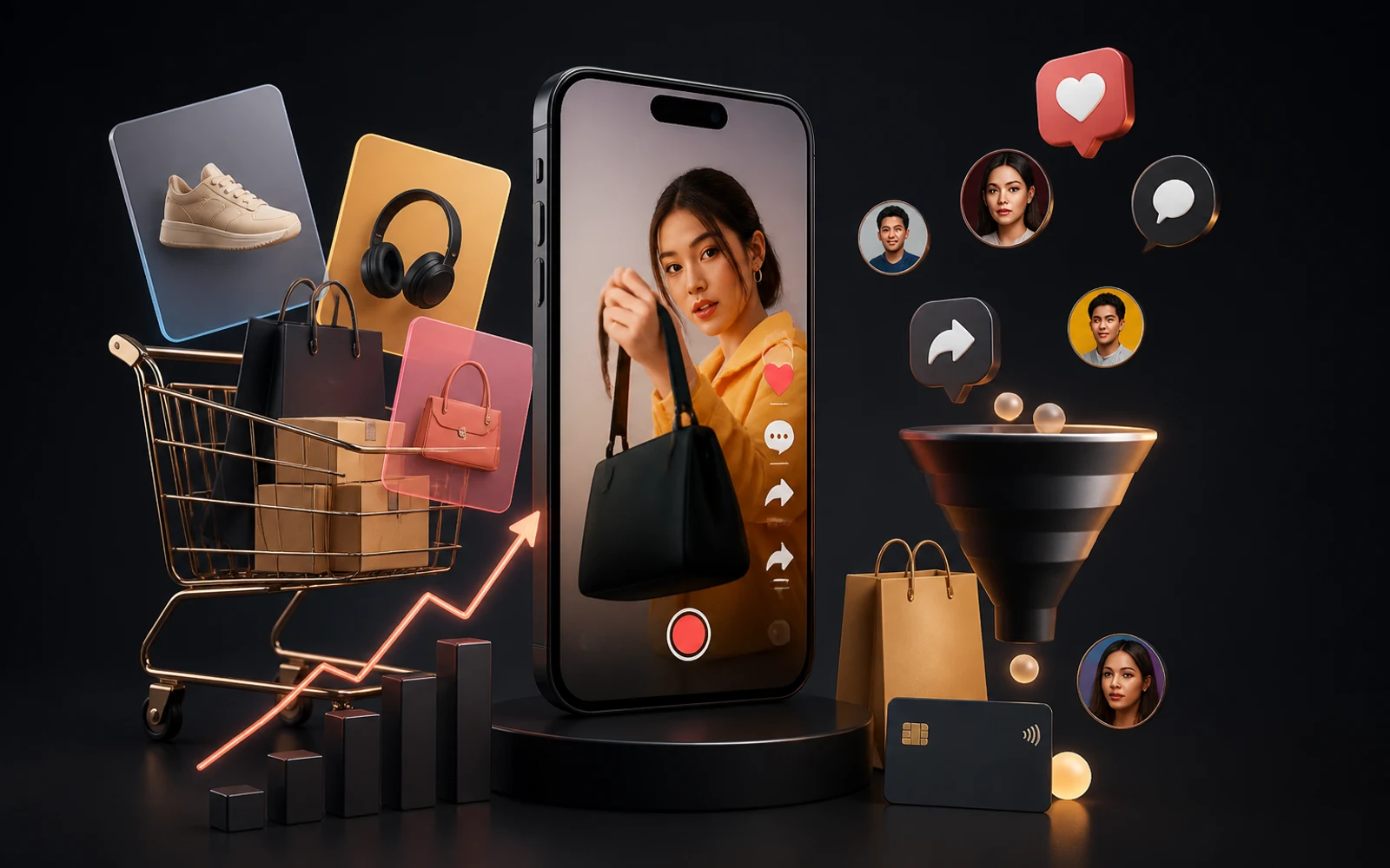 Representación visual de TikTok Ads y social commerce con iconos de video corto, ecommerce y comunidad digital.