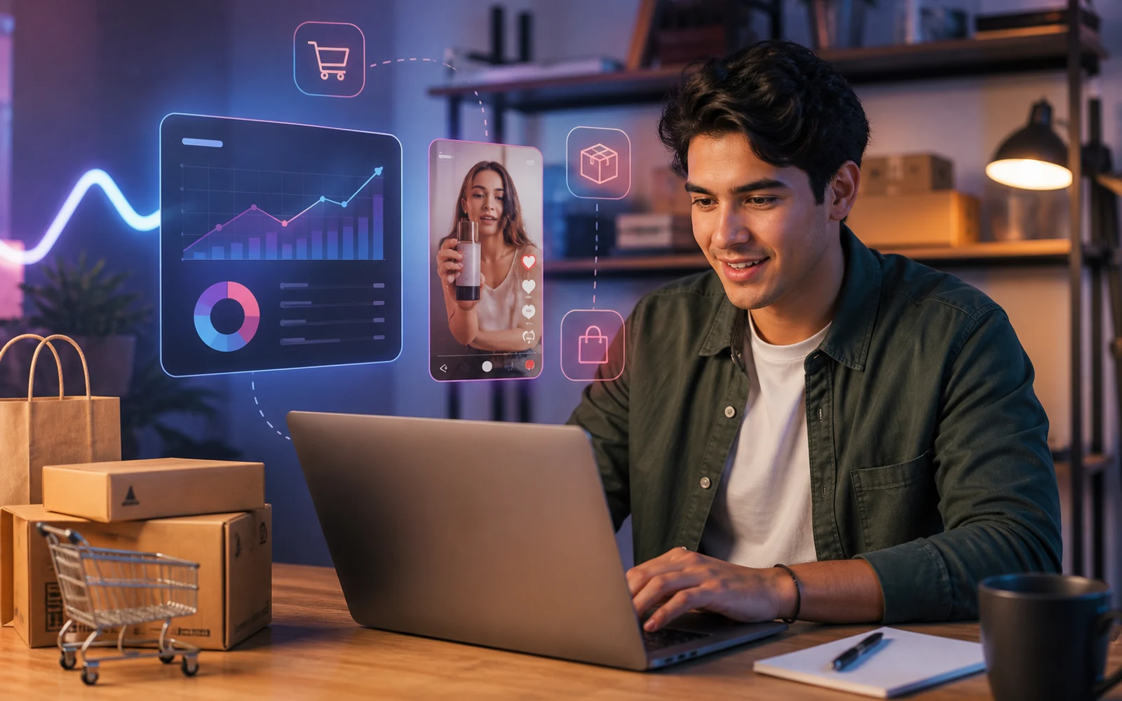 Operador de ecommerce latinoamericano usando TikTok Ads con contenido UGC y social commerce en pantalla