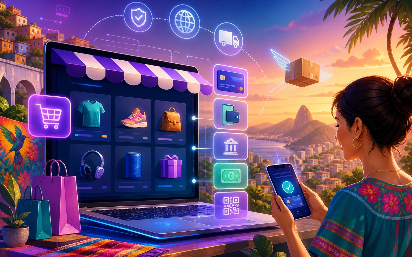 Ilustración de métodos de pago digitales en ecommerce en Latinoamérica