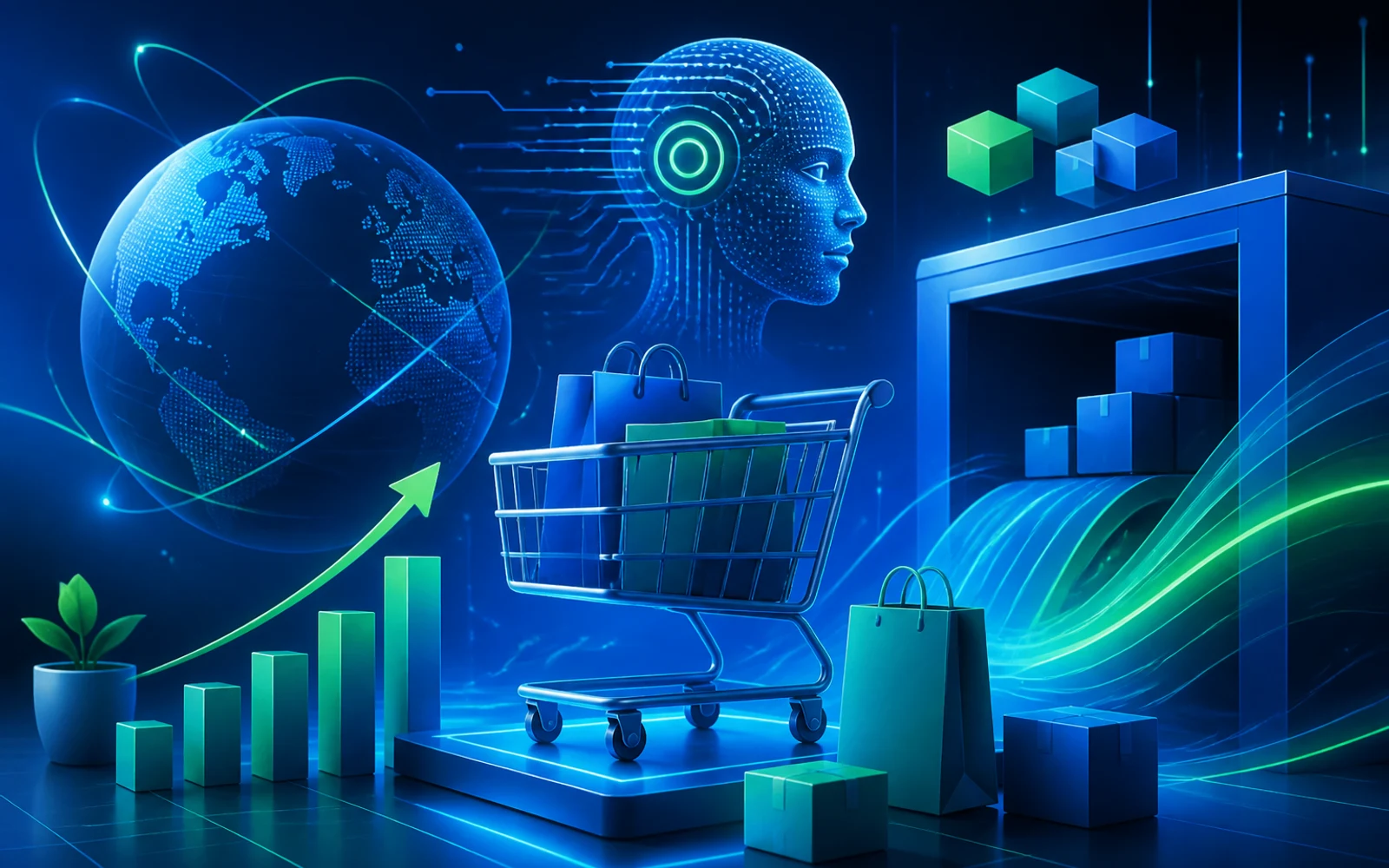 Representación digital de IA y ecommerce innovador en tonos azules y verdes