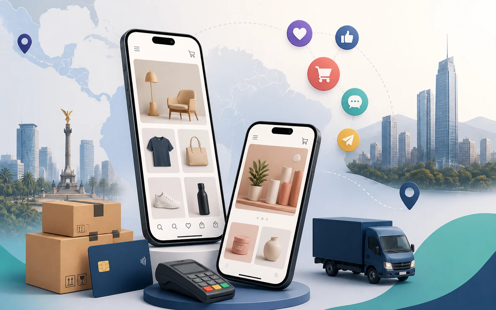 Representación visual del ecommerce en Latinoamérica con pagos digitales, logística y social commerce