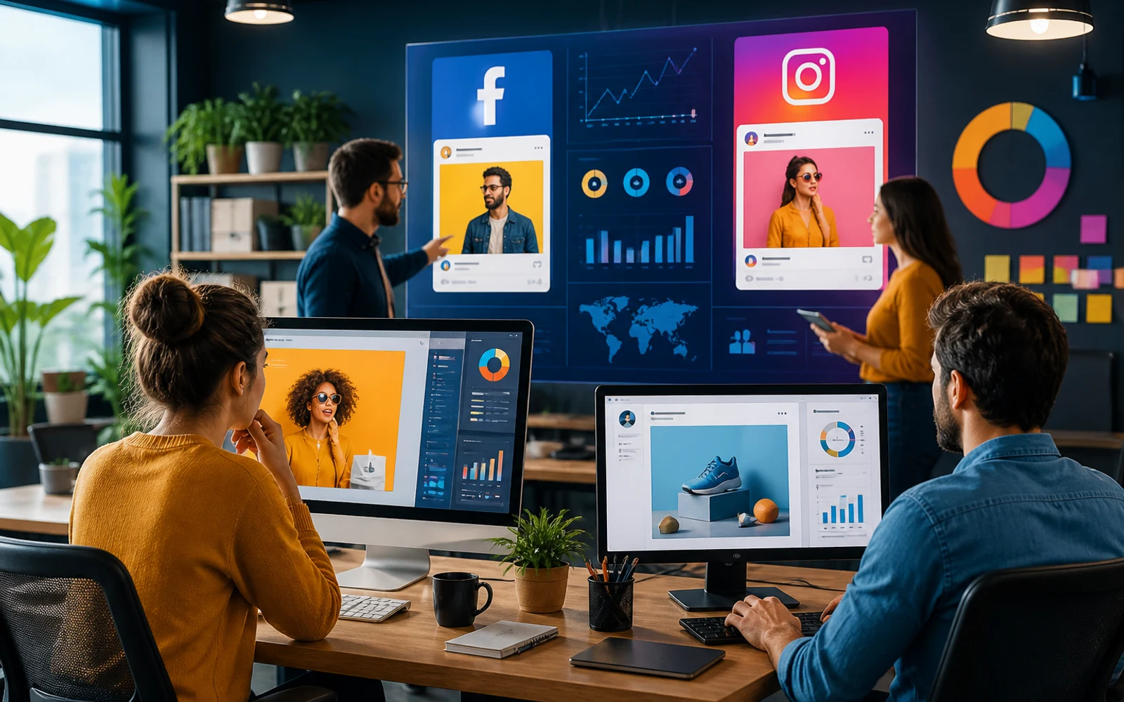 Equipo creativo optimizando campañas de Meta Ads con gráficos y datos analíticos en pantallas