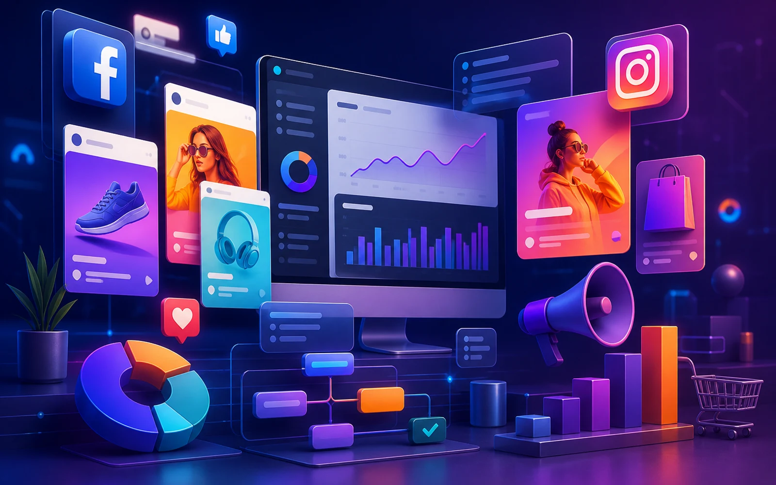 Ilustración de campañas digitales optimizadas en Facebook e Instagram con elementos de creatividad y medición