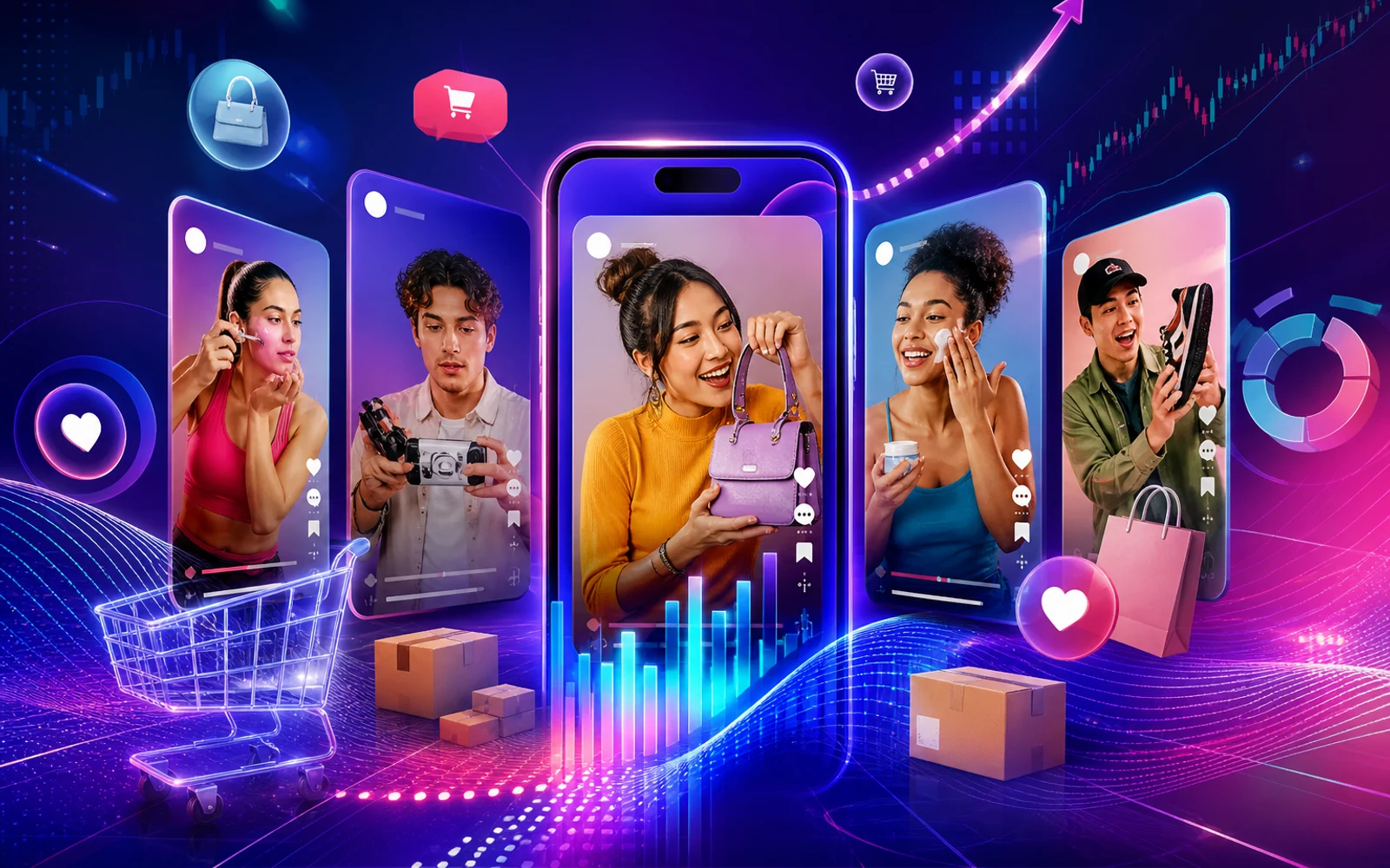 Ilustración conceptual de videos cortos y social commerce en TikTok para ecommerce