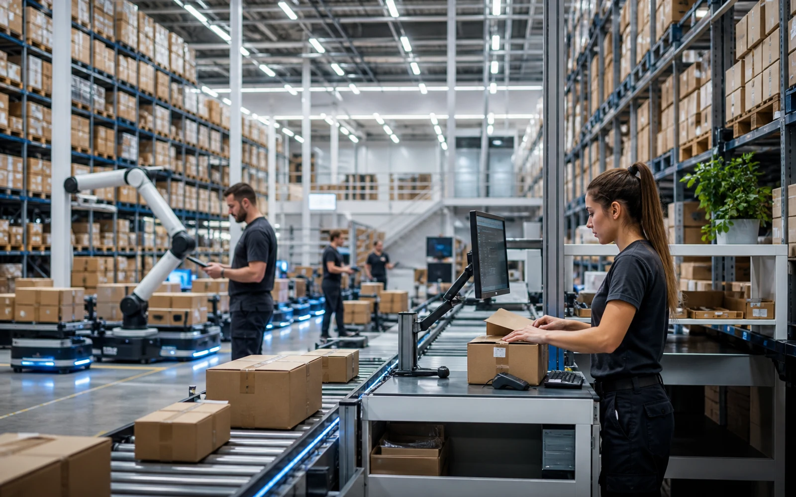 Centro de fulfillment moderno para ecommerce con tecnología avanzada y empleados organizando paquetes