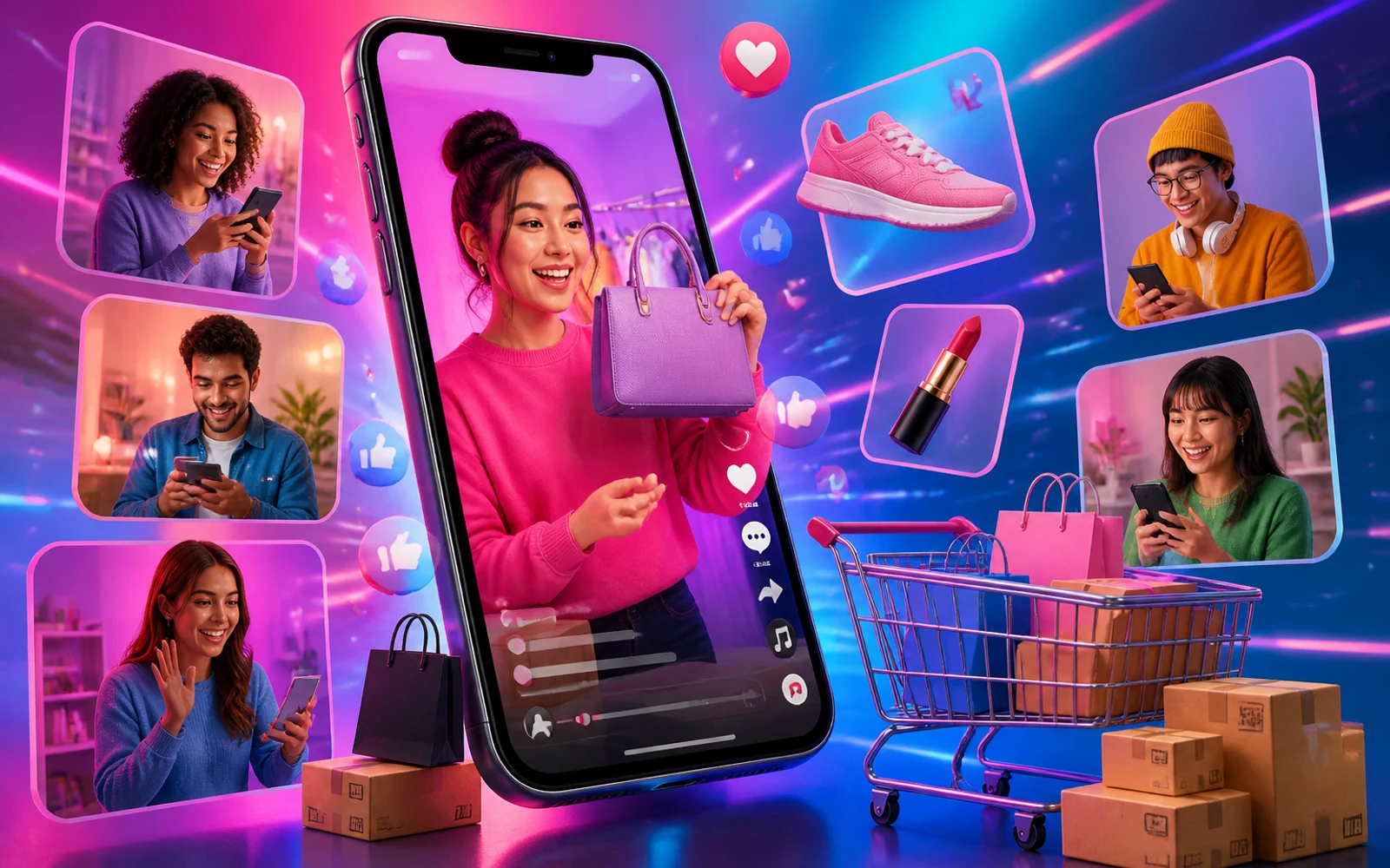 Ilustración moderna de comercio social y contenido corto en TikTok Ads