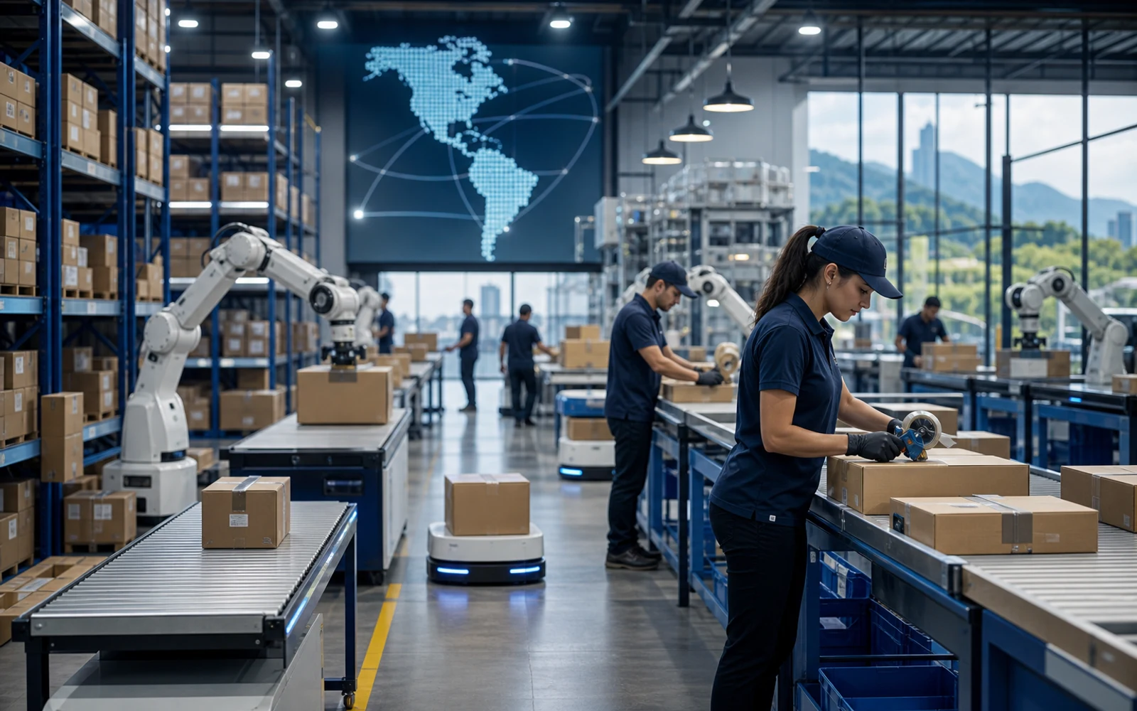 Ecommerce warehouse with advanced technology and workers optimizing fulfillment and logistics