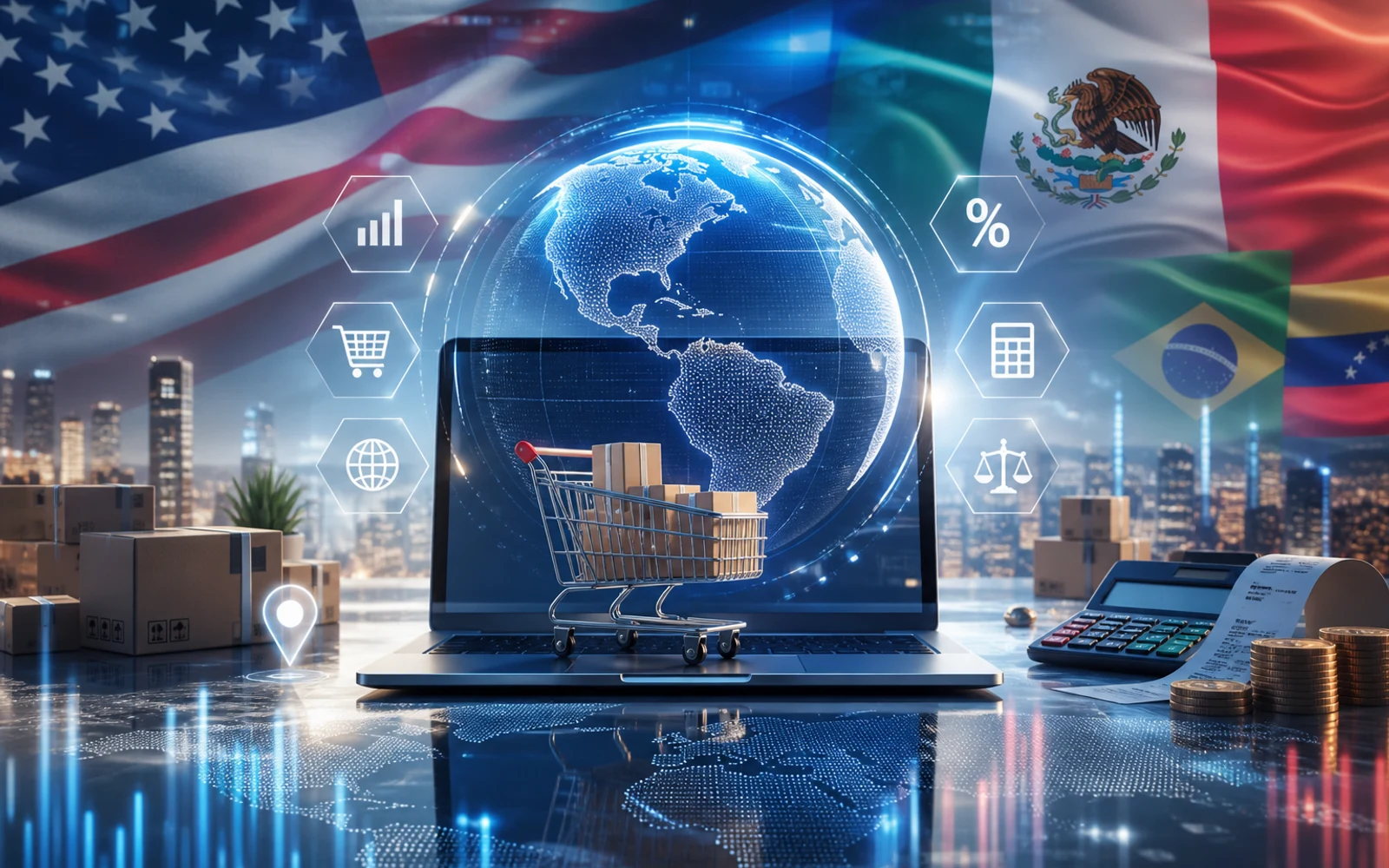 Conceptual image of ecommerce with US and Latin America flags and tax icons