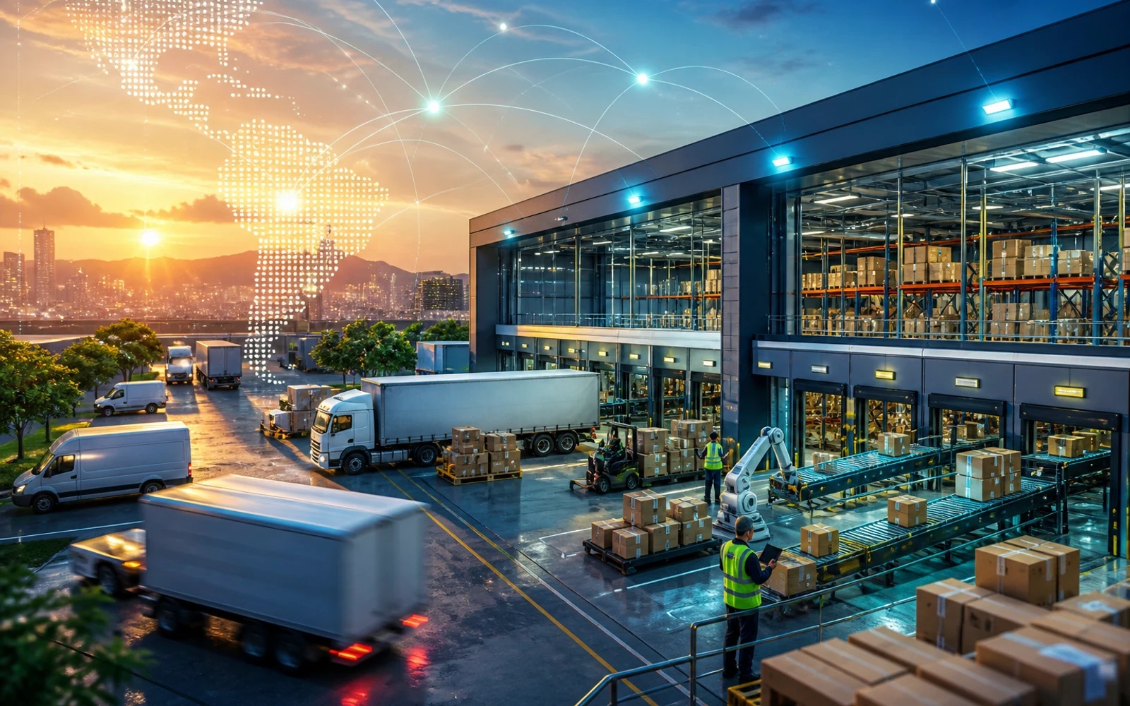 Centro de distribución moderno en Latinoamérica con tecnología y camiones para ecommerce