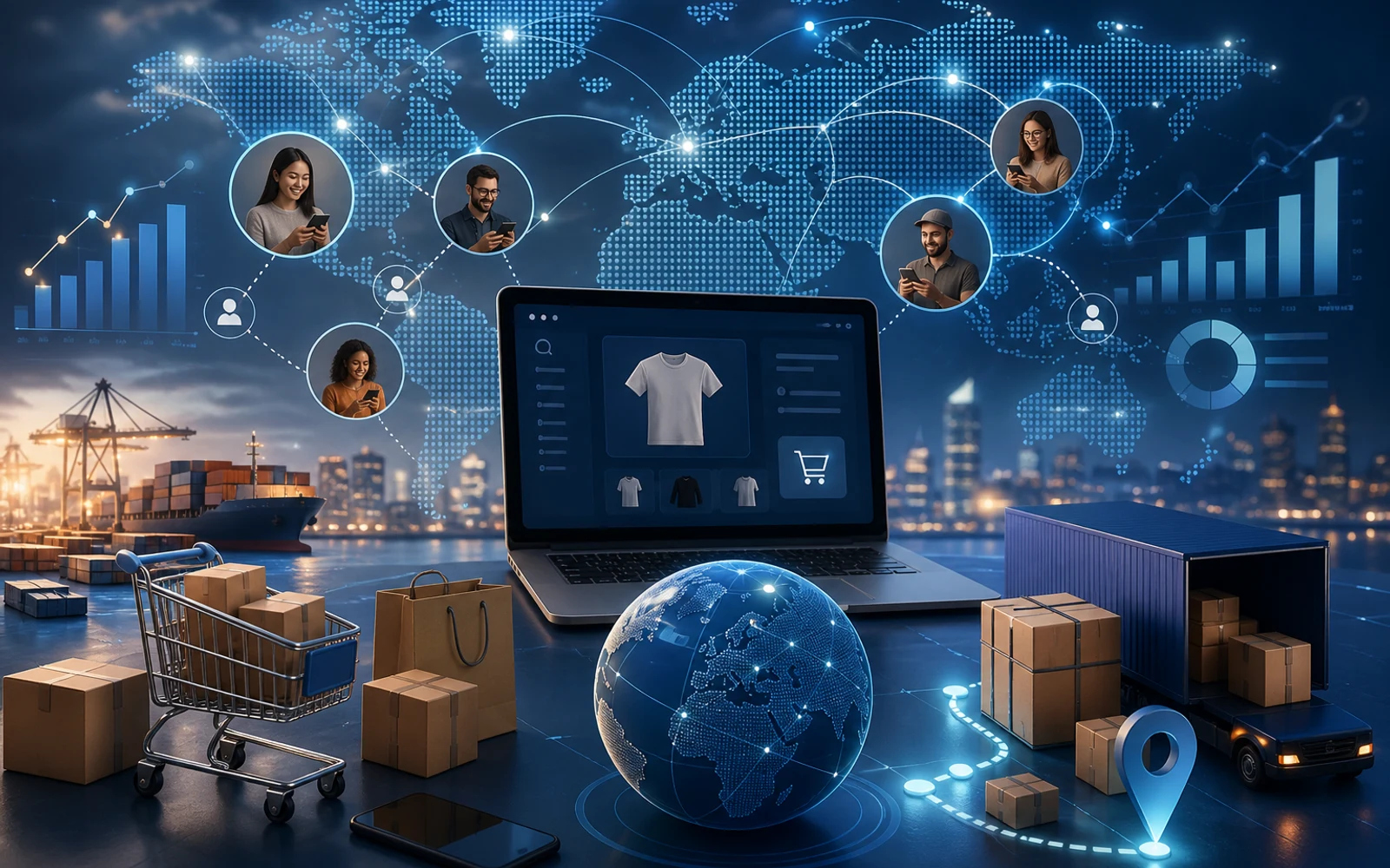 Representación visual de un ecosistema moderno de ecommerce Direct to Consumer con elementos tecnológicos y de comunidad digital.