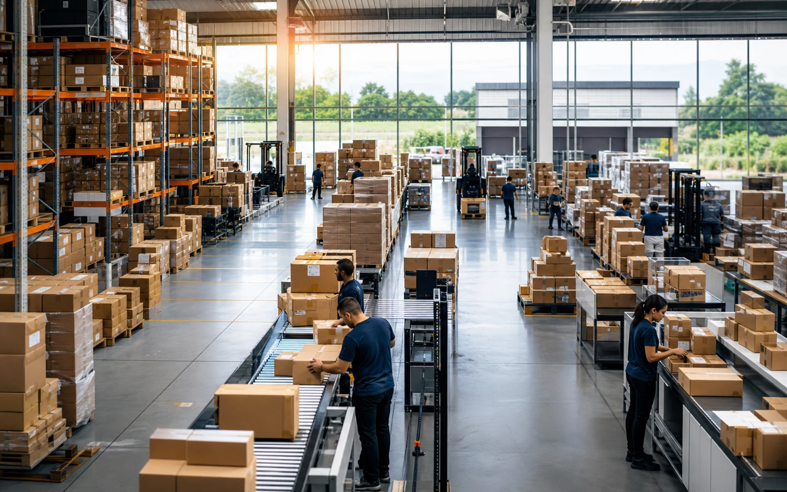 Centro de fulfillment moderno en Latinoamérica con estanterías y cajas en movimiento