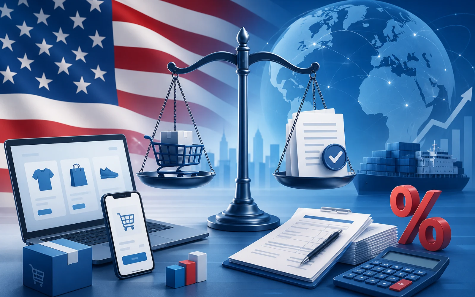 Abstract digital illustration representing ecommerce regulation and taxation in the US