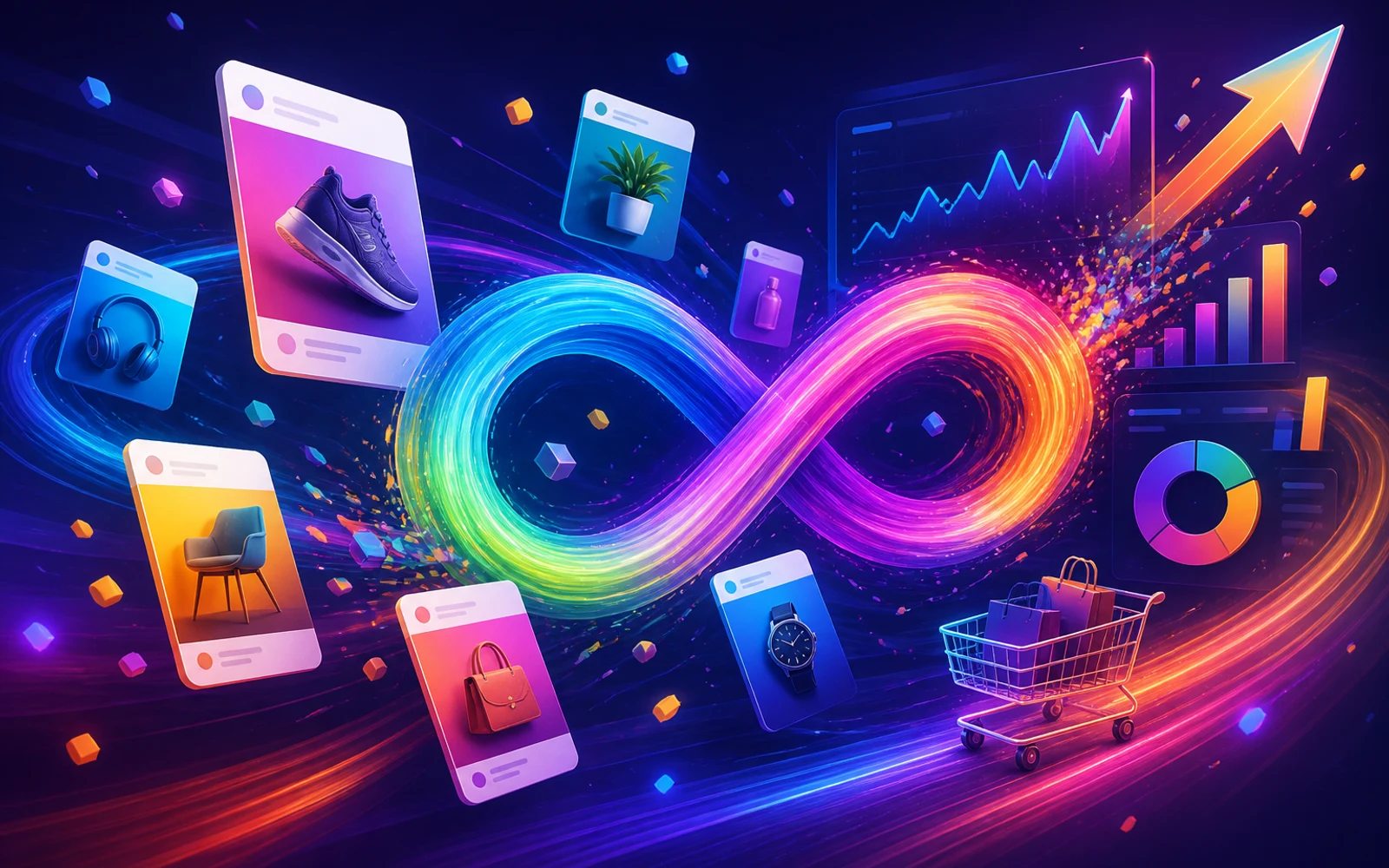 Gráficos y anuncios digitales representando renovación creativa y optimización en Meta Ads para ecommerce