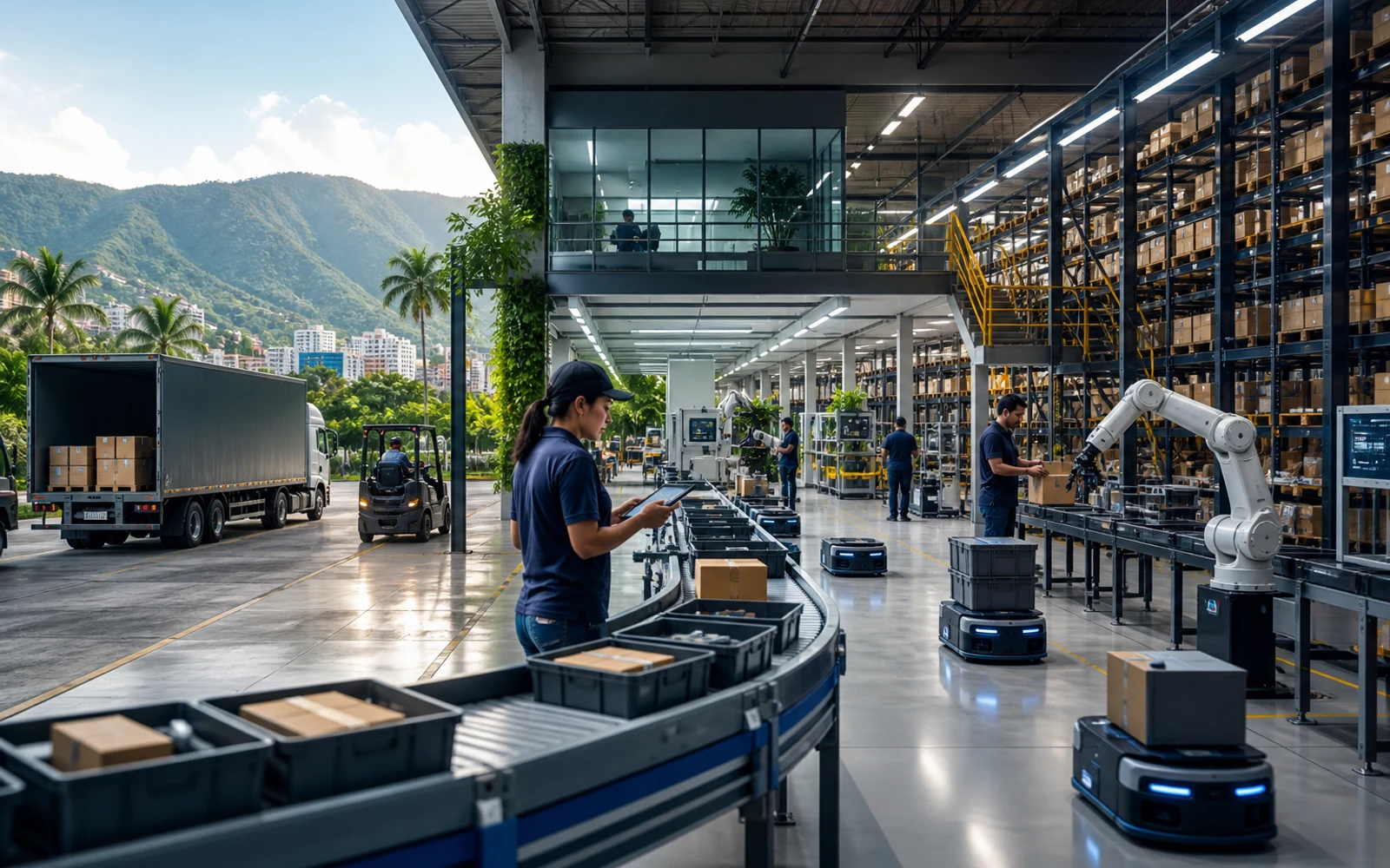 Centro de fulfillment moderno con tecnología avanzada y gestión eficiente de inventarios