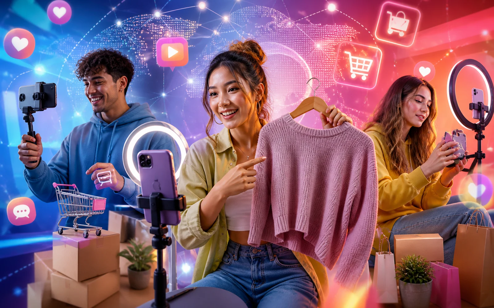 Jóvenes creadores de contenido producien videos cortos para TikTok con elementos de comercio electrónico y redes sociales de fondo.